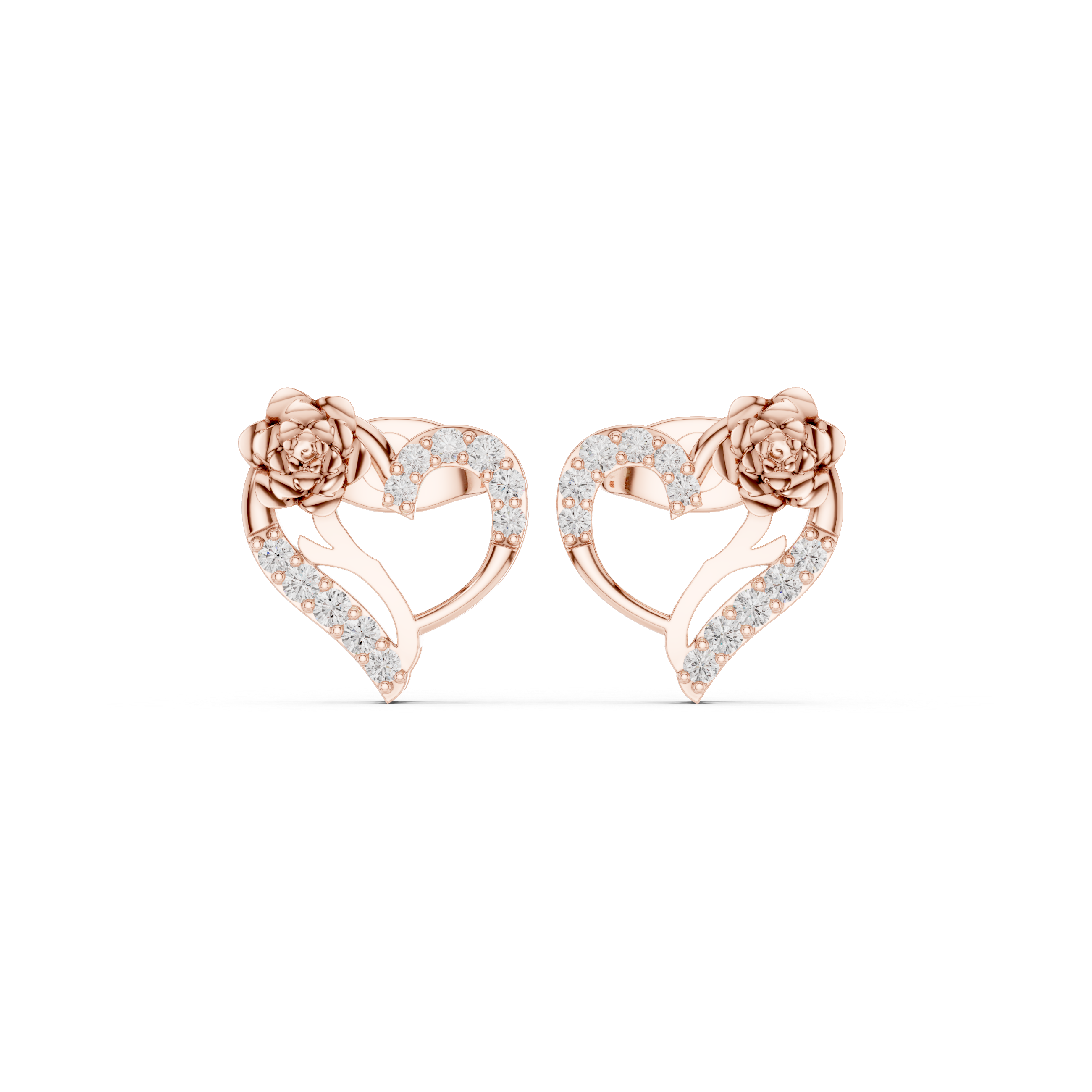 Heart-Shaped Diamond Earrings with 3D Rose Detail