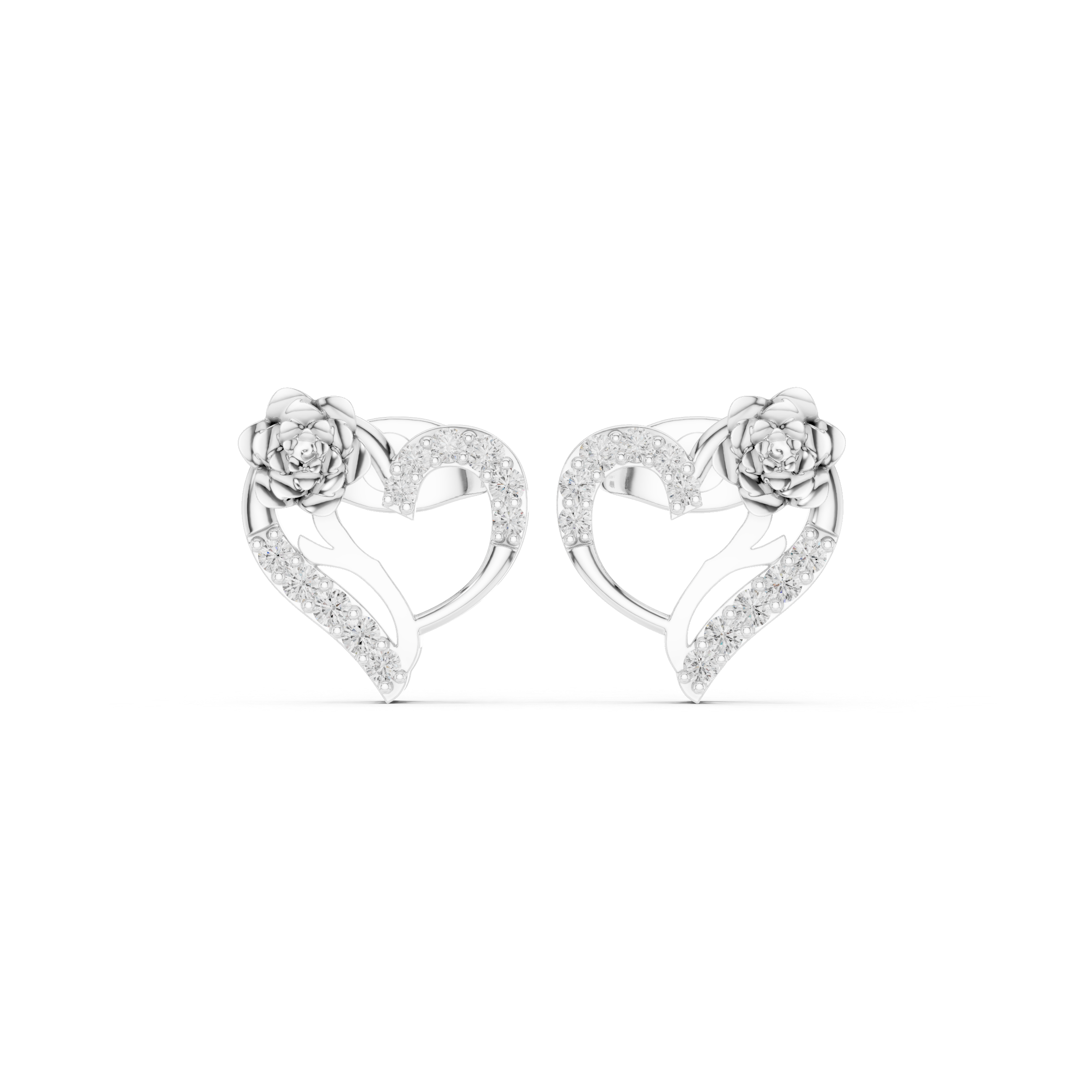 Heart-Shaped Diamond Earrings with 3D Rose Detail