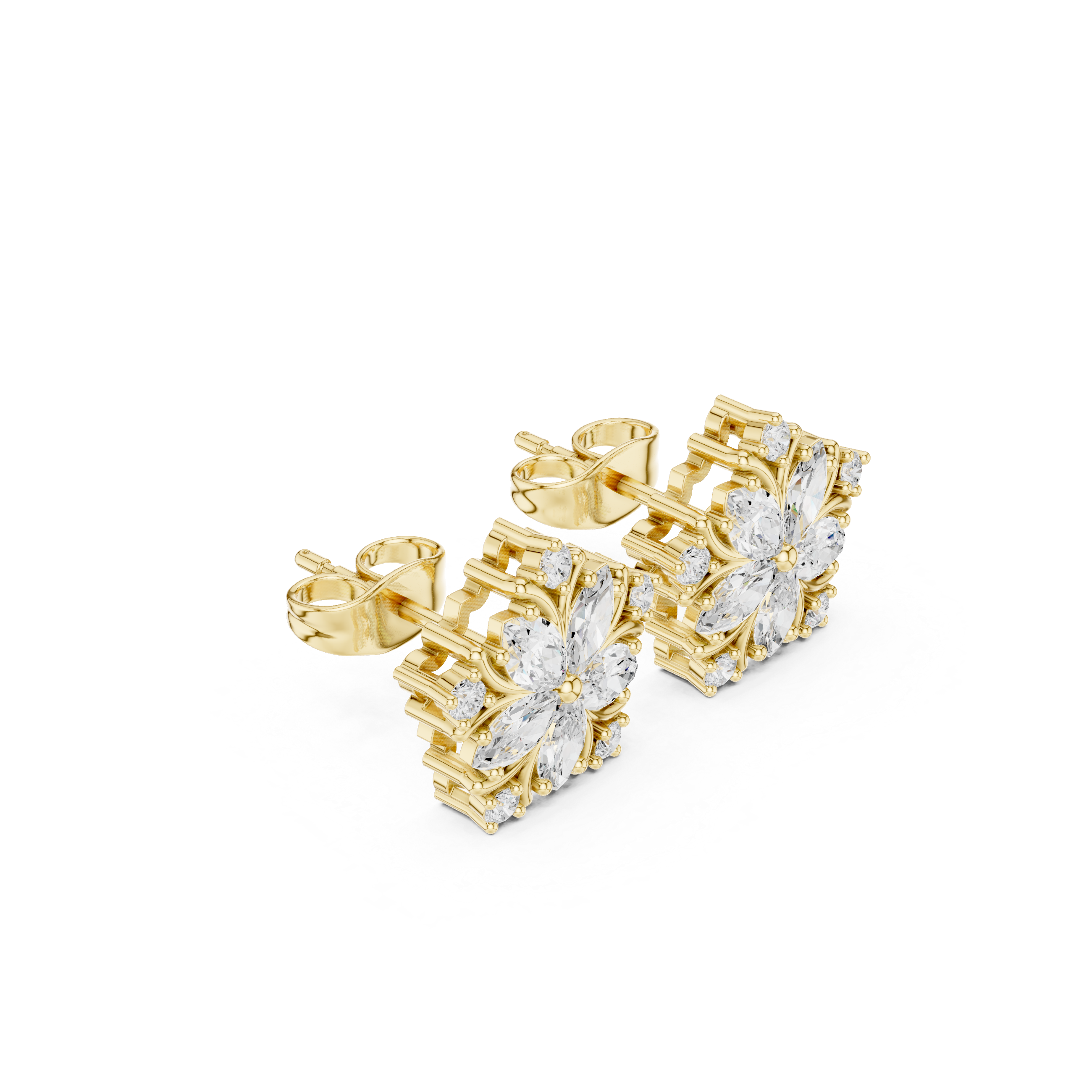 Marquise Cut Floral Diamond Cluster Stud Earrings