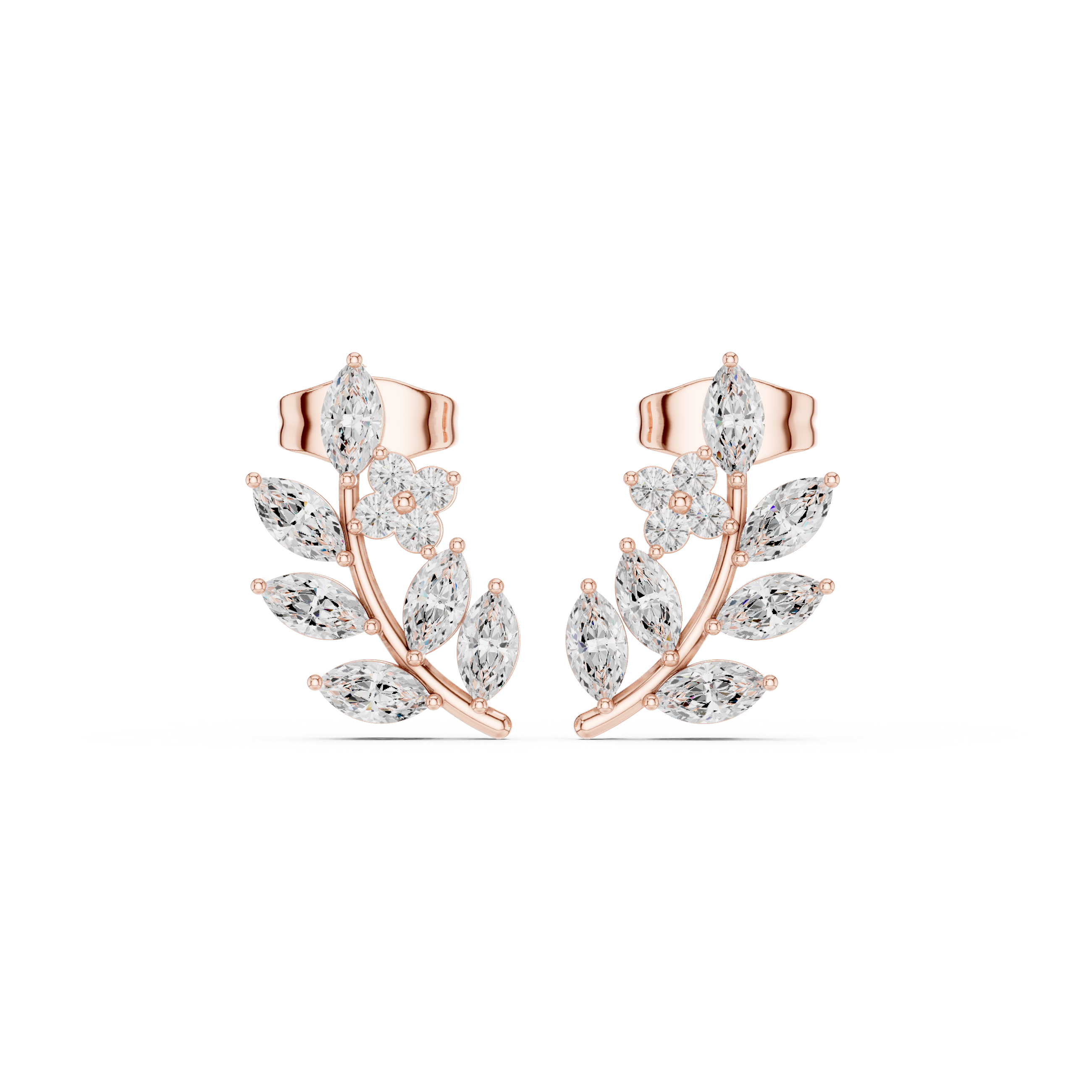 Marquise Cut Leaf Motif Diamond Cluster Stud Earrings