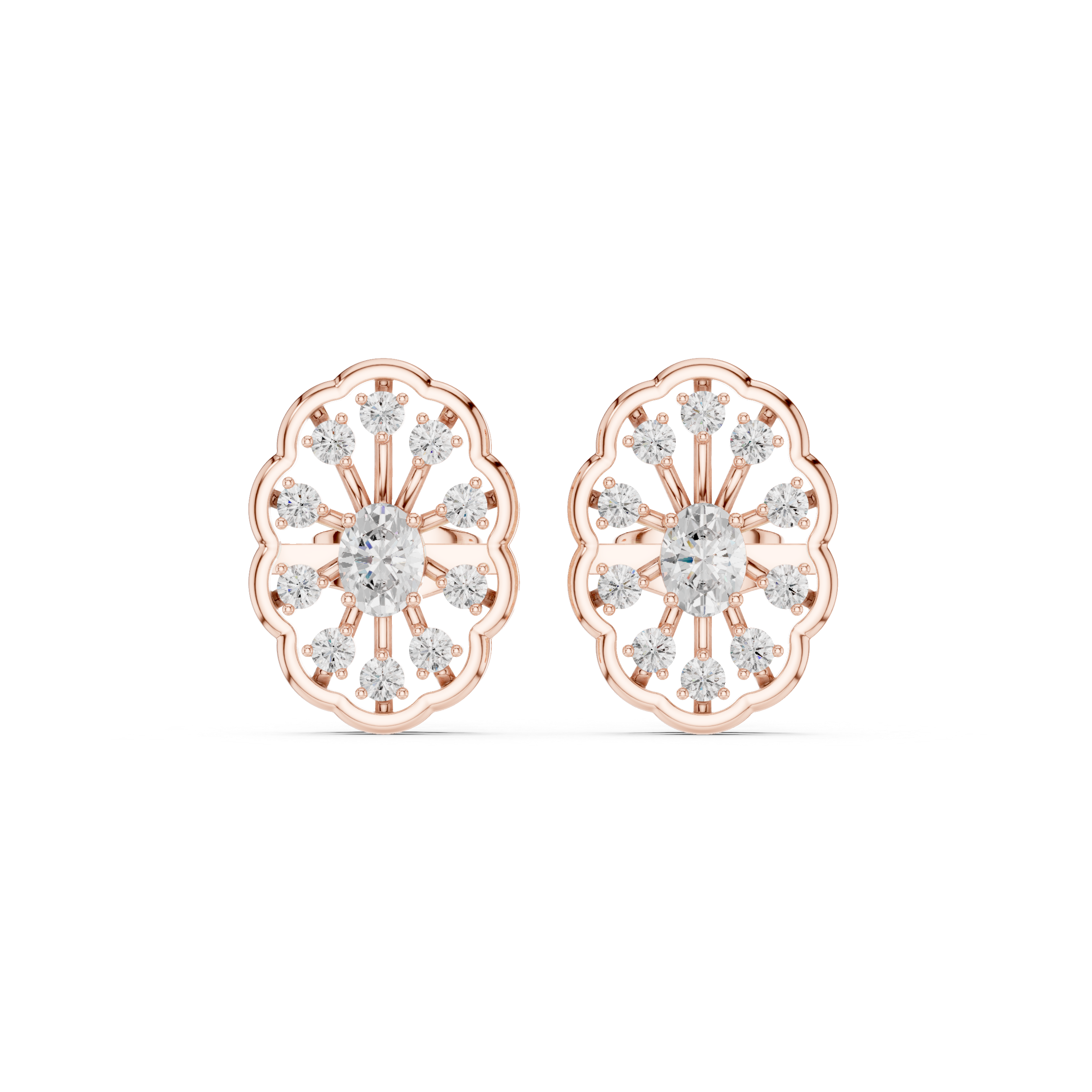 Oval Center Diamond Floral Frame Stud Earrings