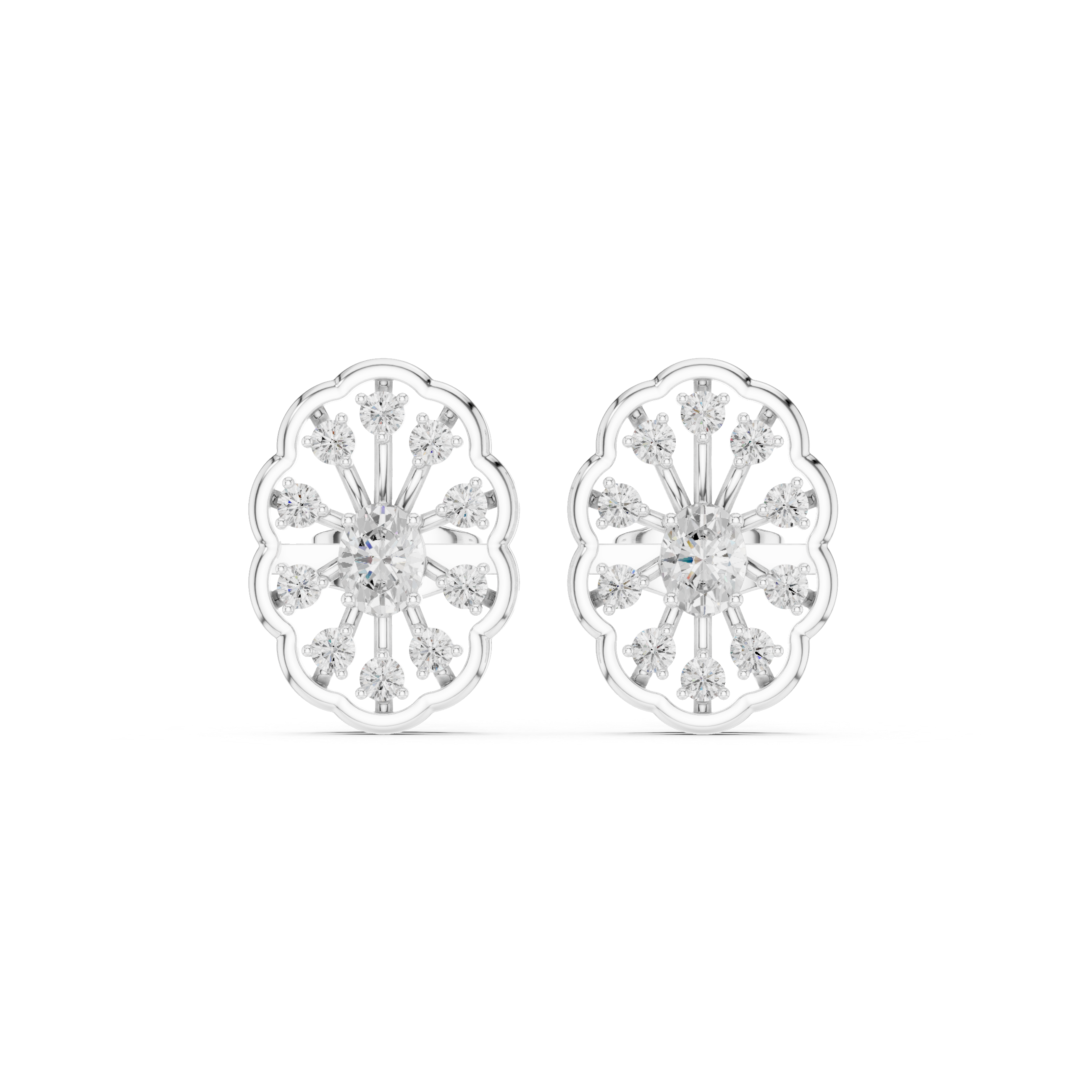 Oval Center Diamond Floral Frame Stud Earrings
