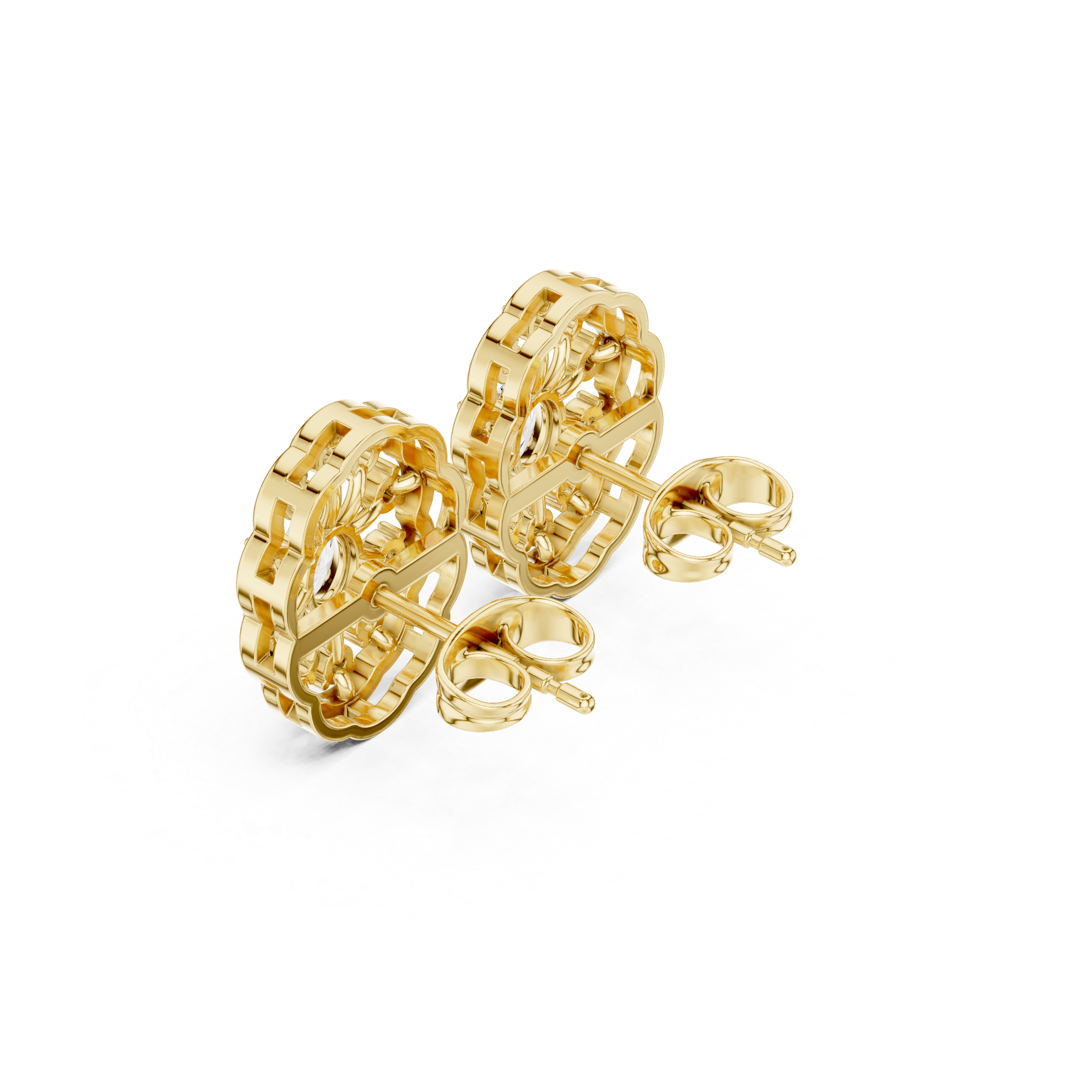 Oval Center Diamond Floral Frame Stud Earrings
