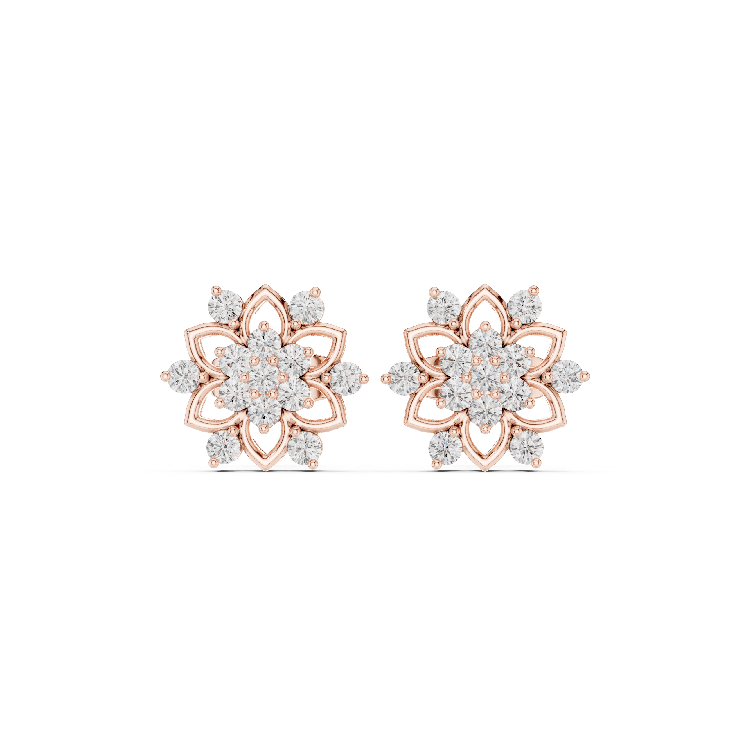 Floral Cluster Diamond Stud Earrings with Openwork Petal Design