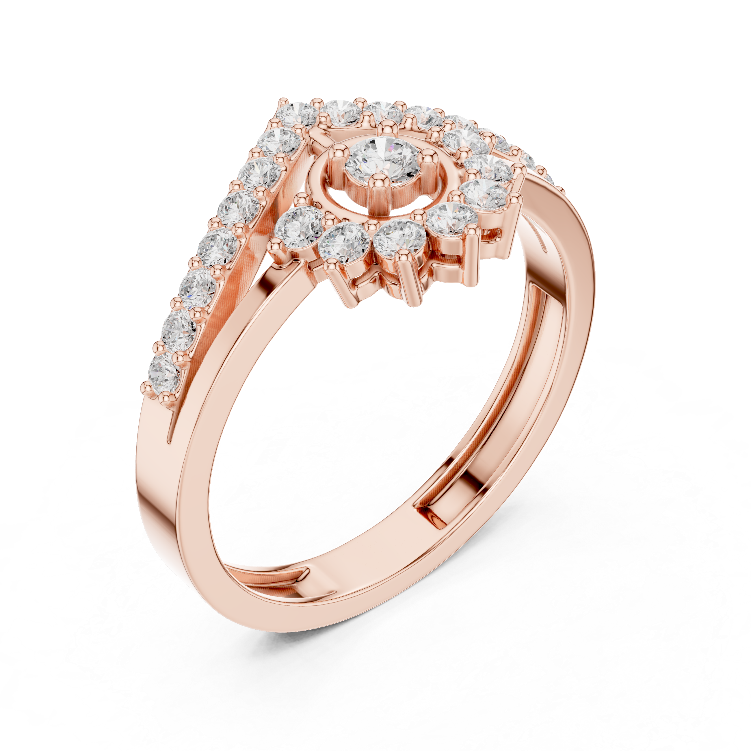 Vintage Sunburst Halo Diamond Ring with Chevron Pavé Band