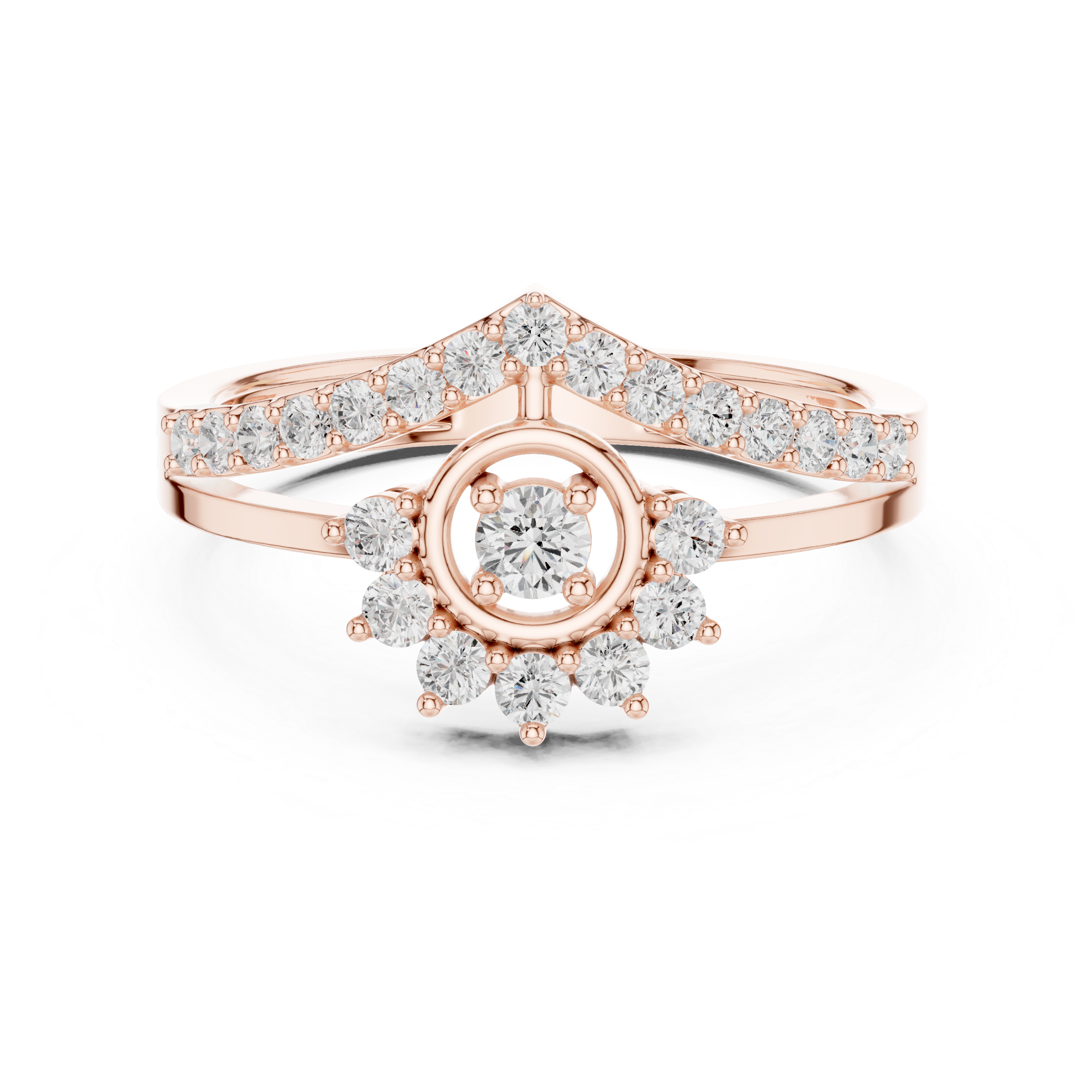 Vintage Sunburst Halo Diamond Ring with Chevron Pavé Band