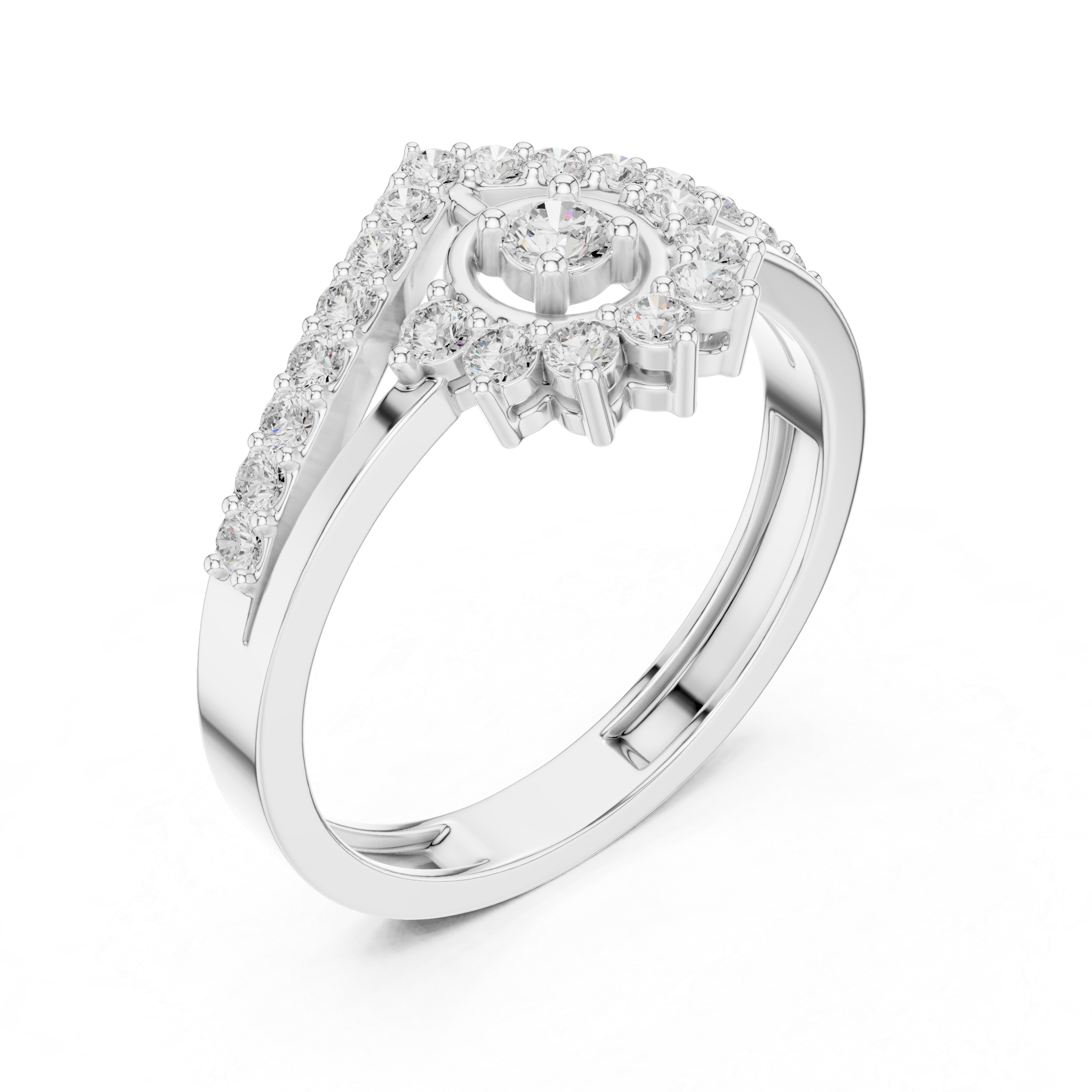 Vintage Sunburst Halo Diamond Ring with Chevron Pavé Band
