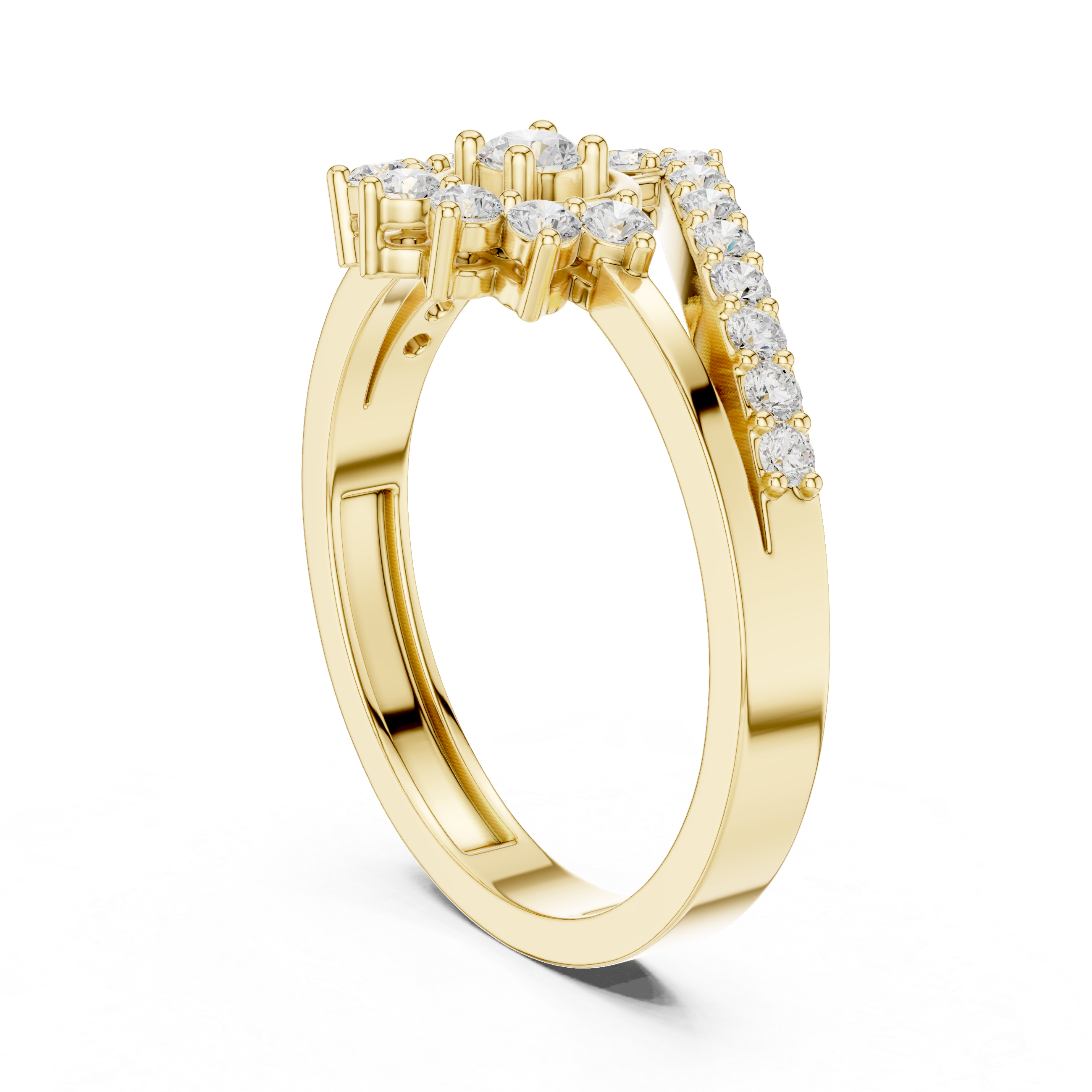 Vintage Sunburst Halo Diamond Ring with Chevron Pavé Band