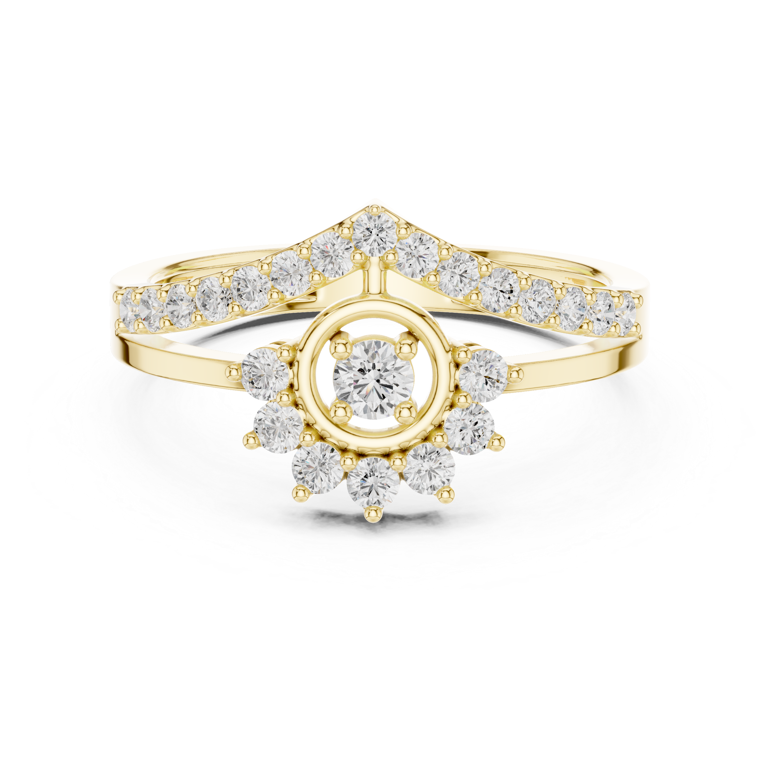 Vintage Sunburst Halo Diamond Ring with Chevron Pavé Band