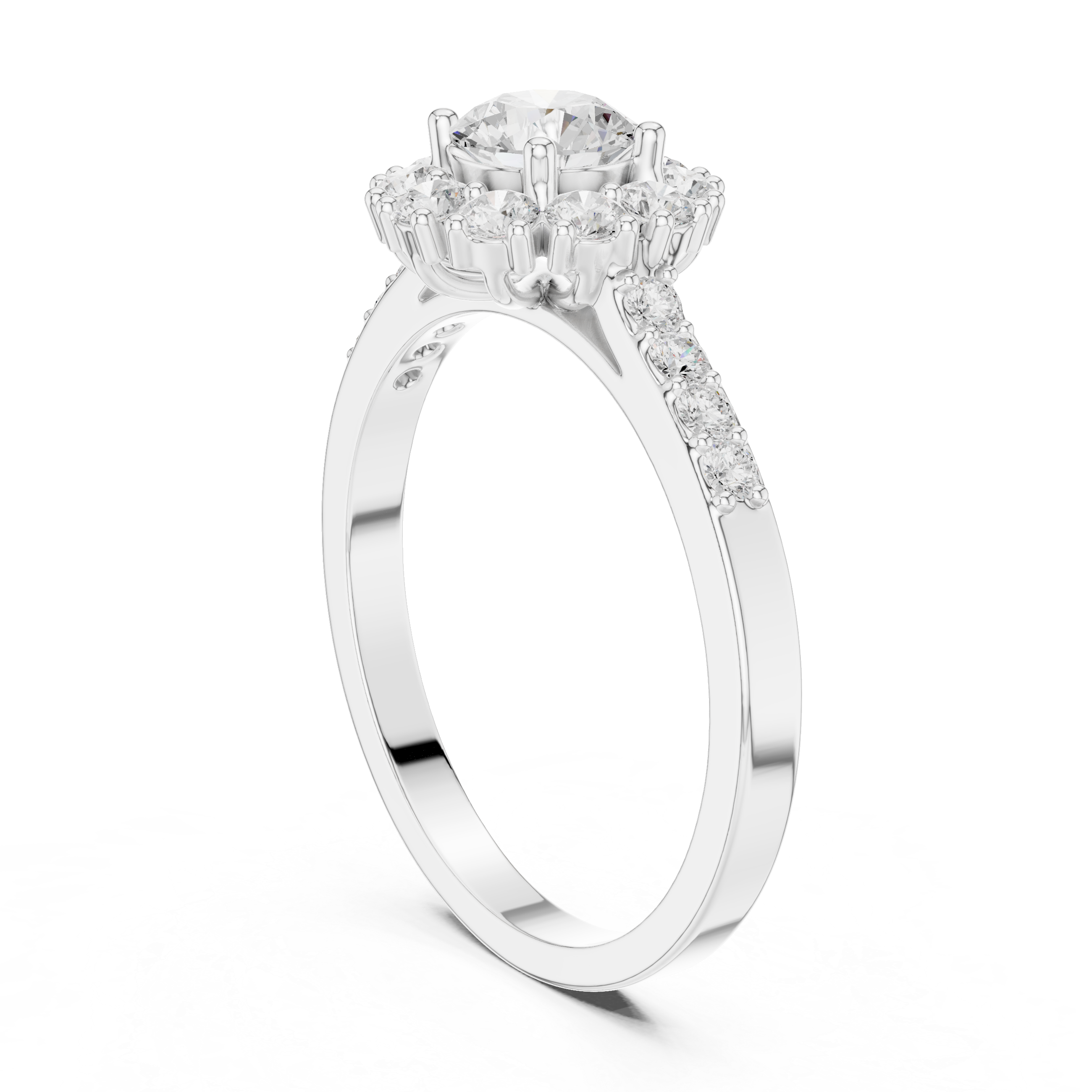 Round Diamond Halo Engagement Ring with Pavé Diamond Band