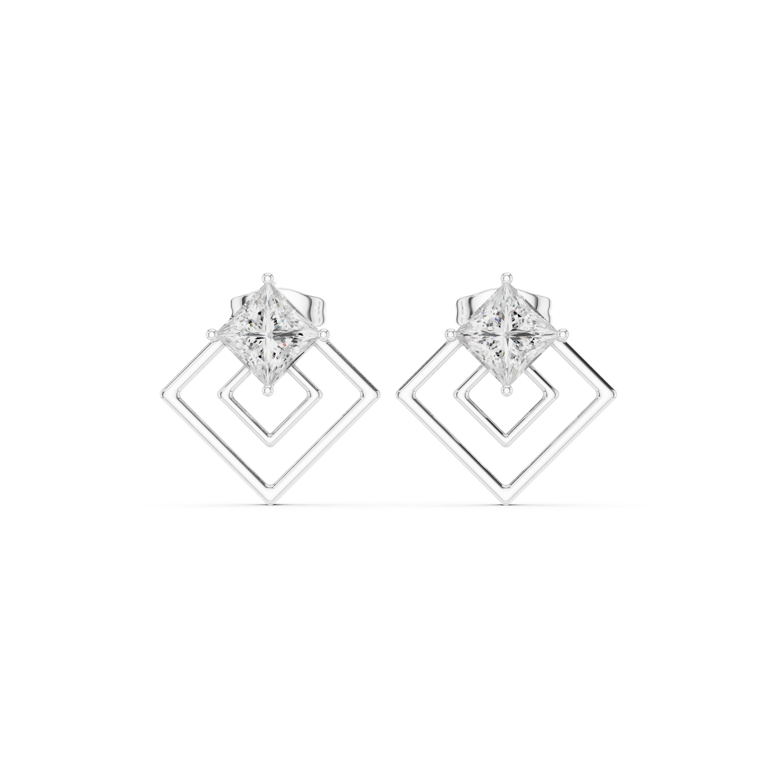 Geometric Princess Cut Diamond Earrings – Double Square Frame Design