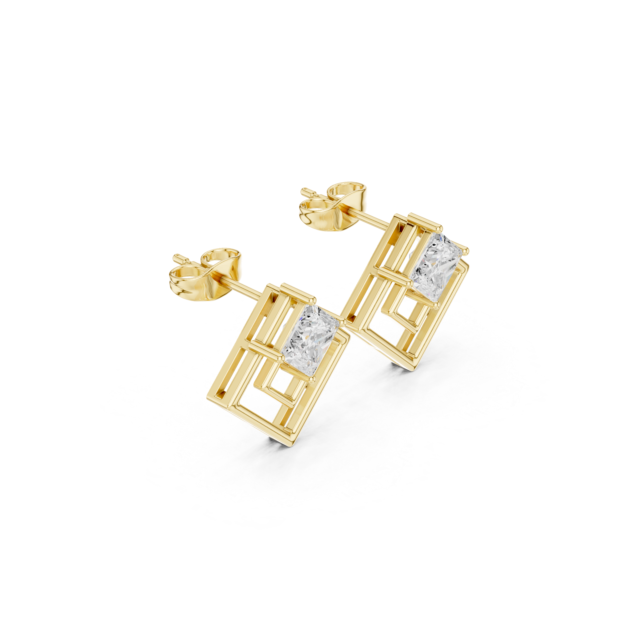 Geometric Princess Cut Diamond Earrings – Double Square Frame Design