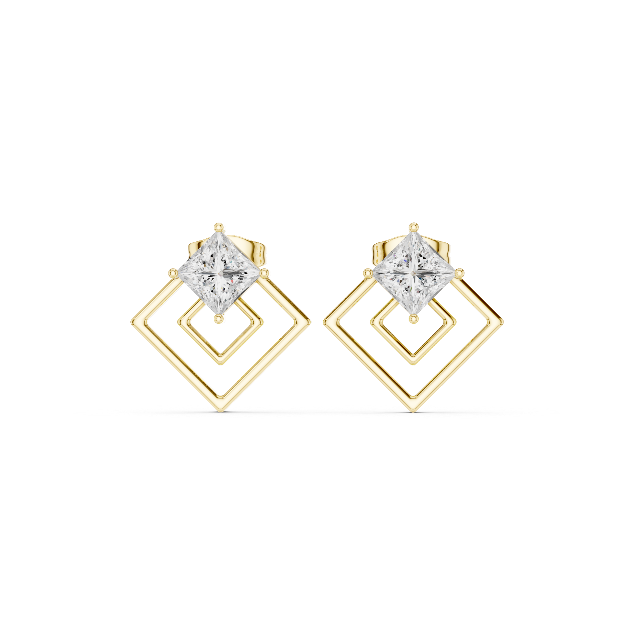 Geometric Princess Cut Diamond Earrings – Double Square Frame Design