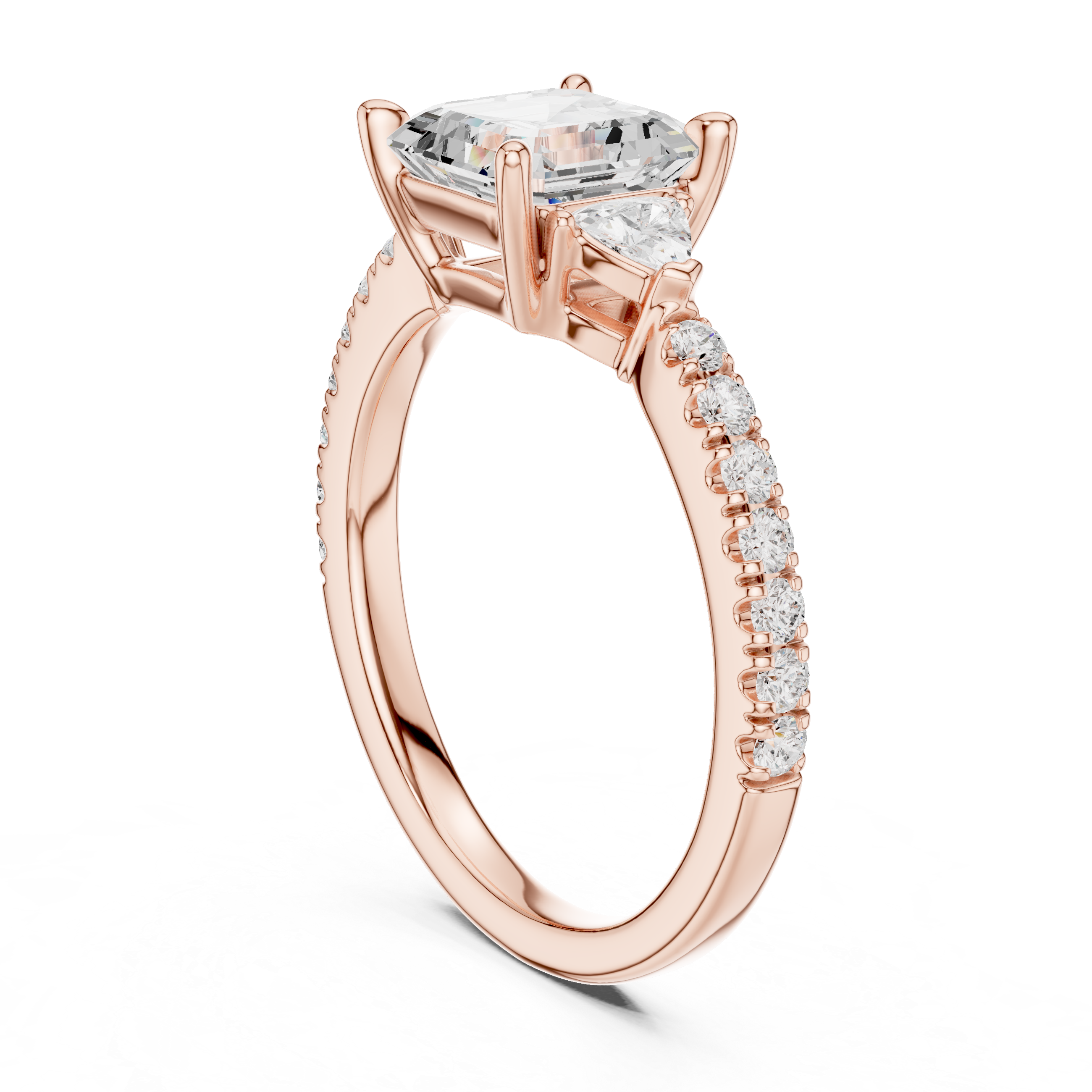 Asscher Cut Diamond Engagement Ring with Pavé Band and Trillion Side Stones
