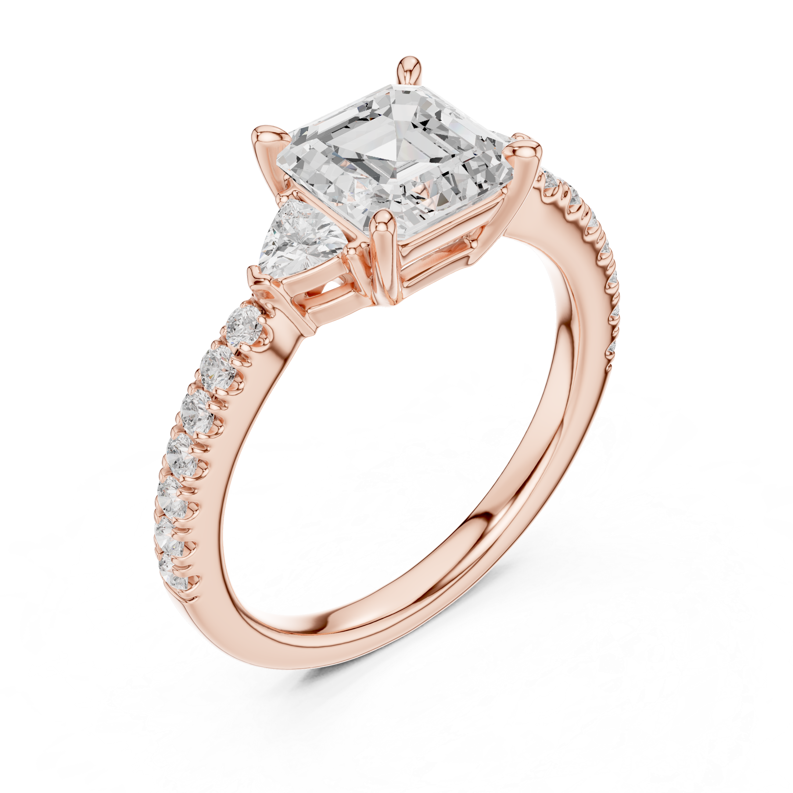 Asscher Cut Diamond Engagement Ring with Pavé Band and Trillion Side Stones