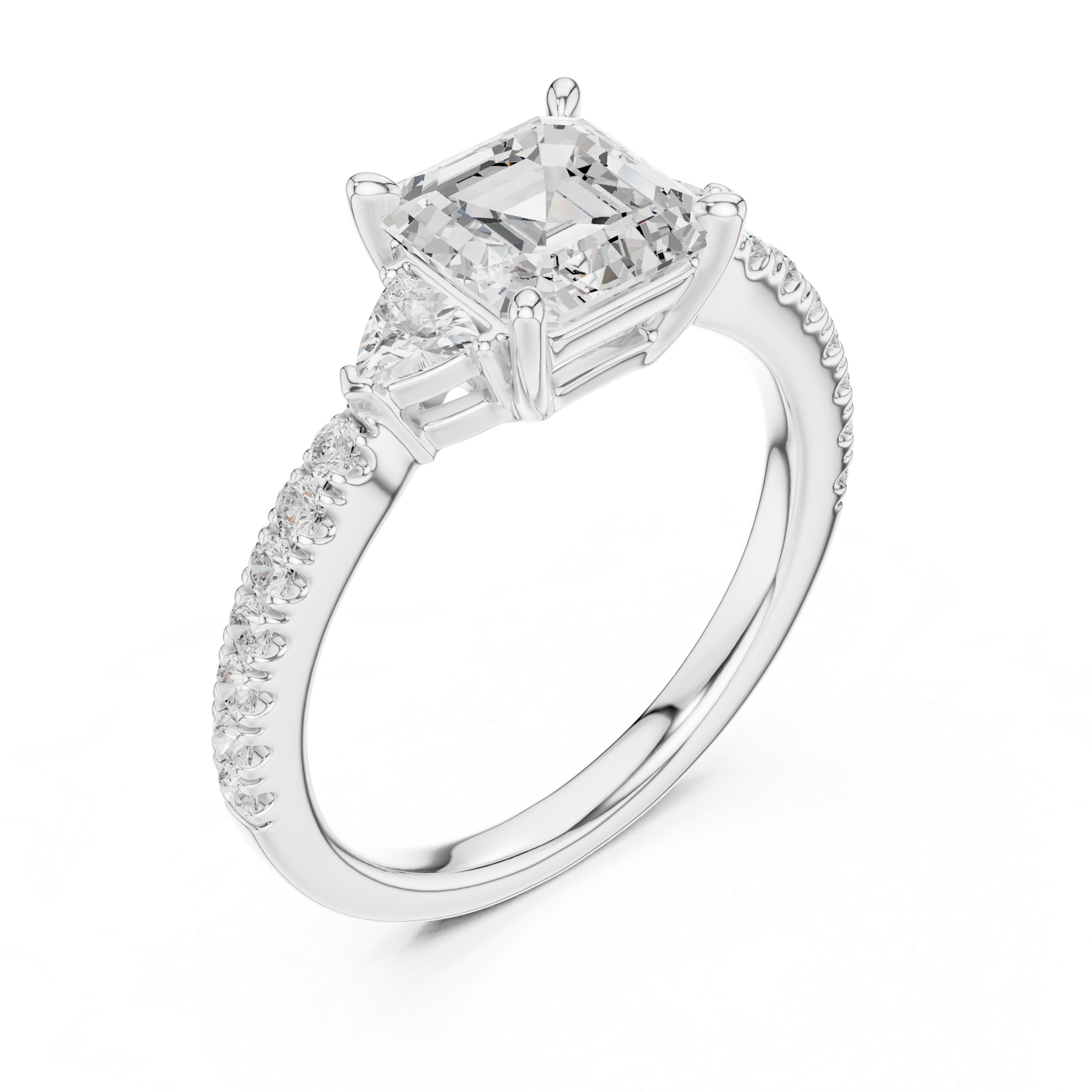 Asscher Cut Diamond Engagement Ring with Pavé Band and Trillion Side Stones