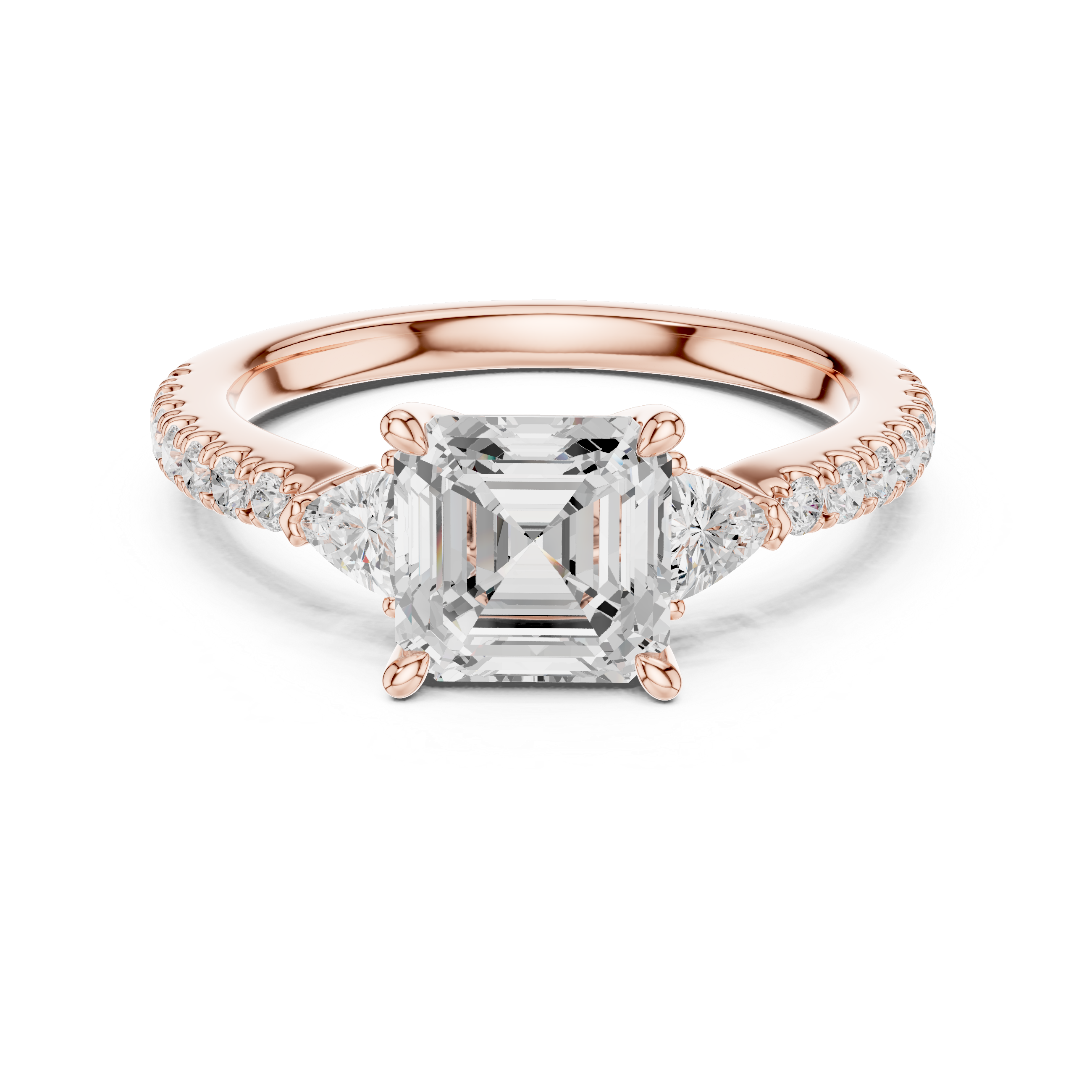 Asscher Cut Diamond Engagement Ring with Pavé Band and Trillion Side Stones