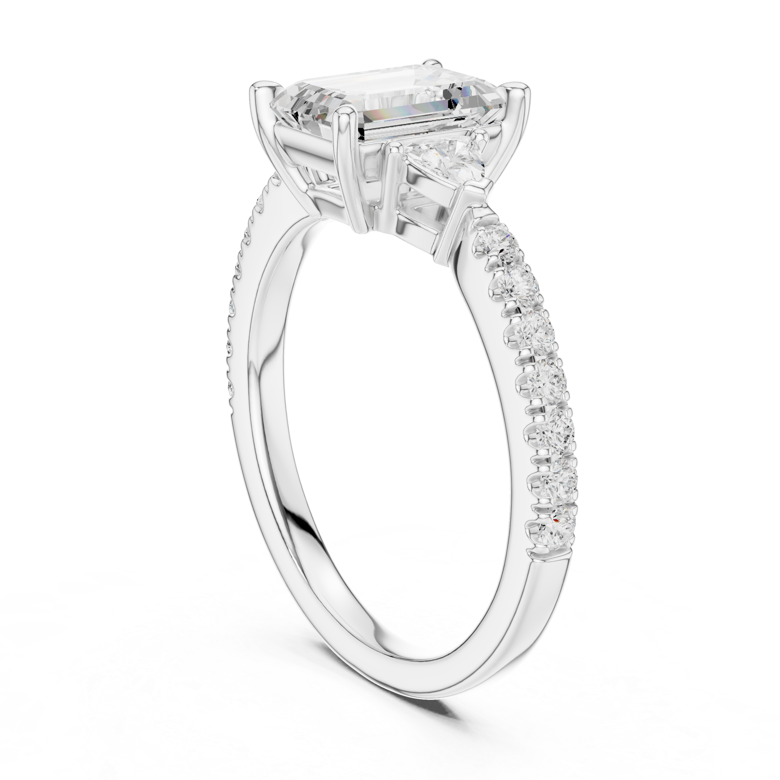 Emerald Cut Diamond Engagement Ring with Pavé Band and Trillion Side Stones