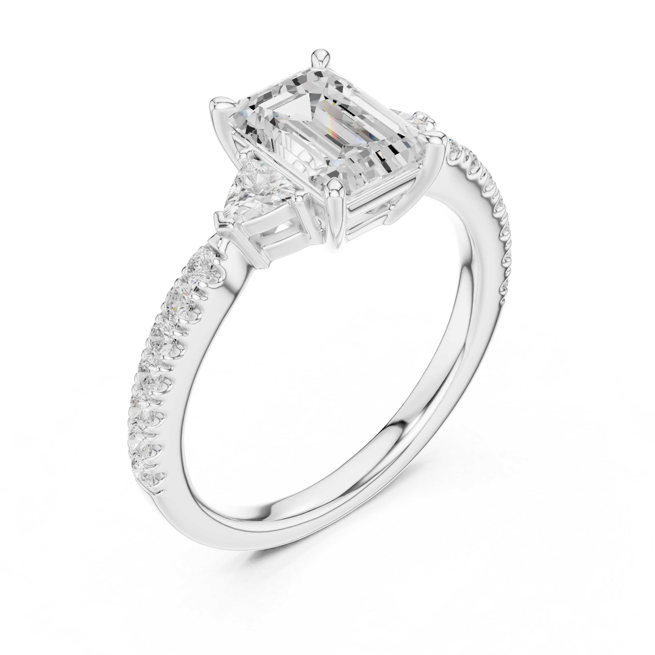 Emerald Cut Diamond Engagement Ring with Pavé Band and Trillion Side Stones