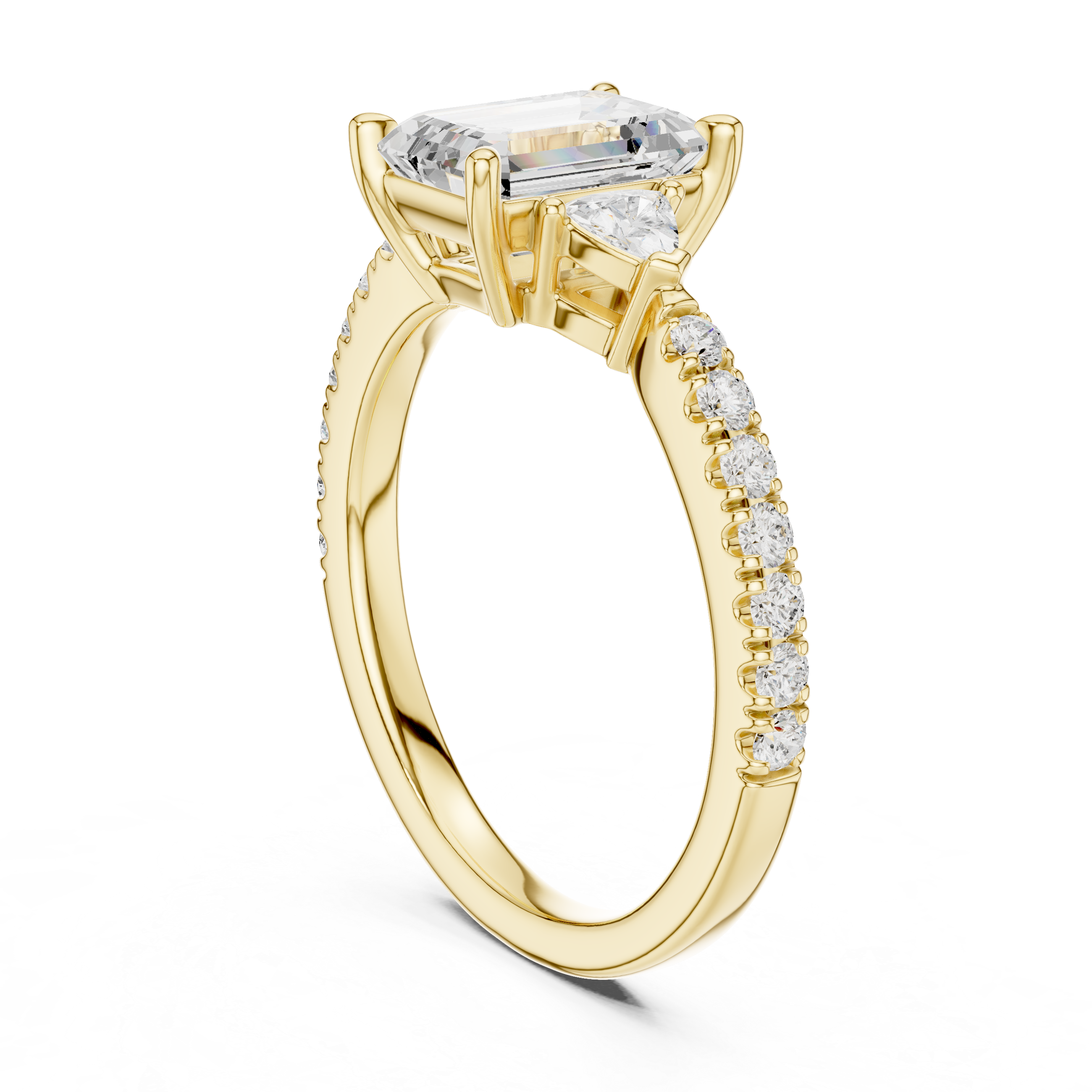 Emerald Cut Diamond Engagement Ring with Pavé Band and Trillion Side Stones