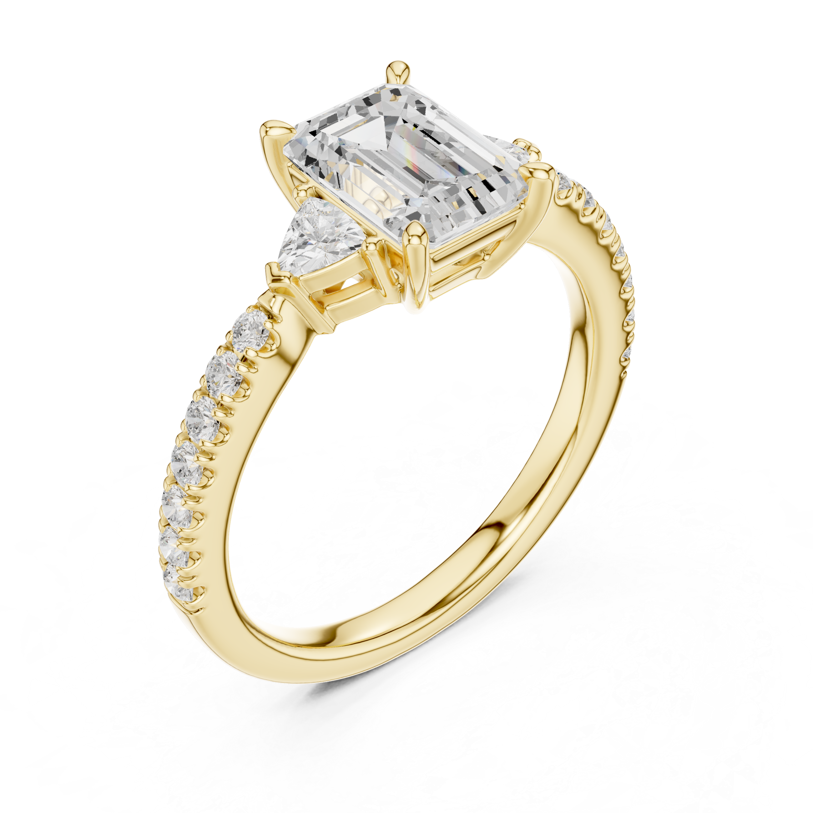 Emerald Cut Diamond Engagement Ring with Pavé Band and Trillion Side Stones