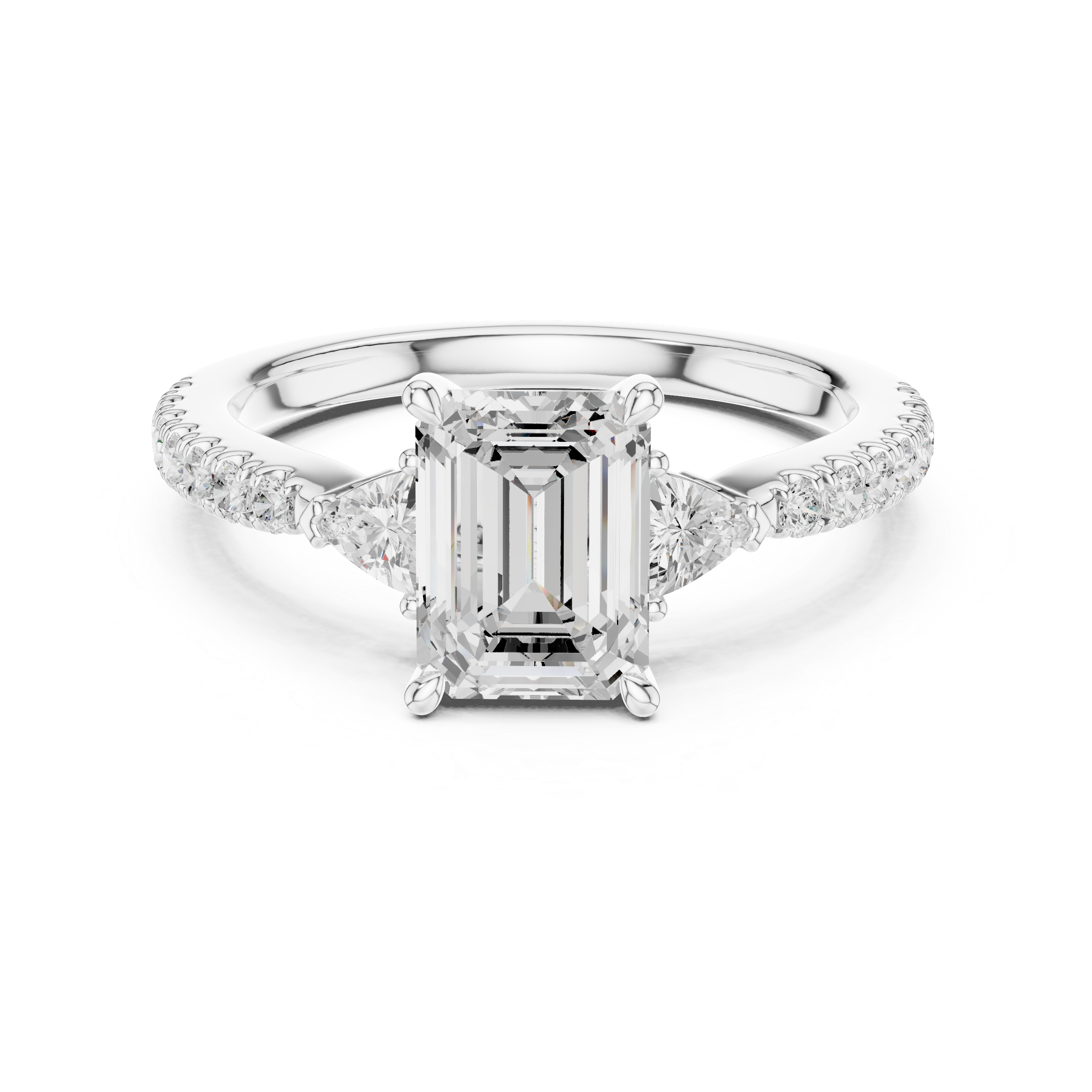 Emerald Cut Diamond Engagement Ring with Pavé Band and Trillion Side Stones