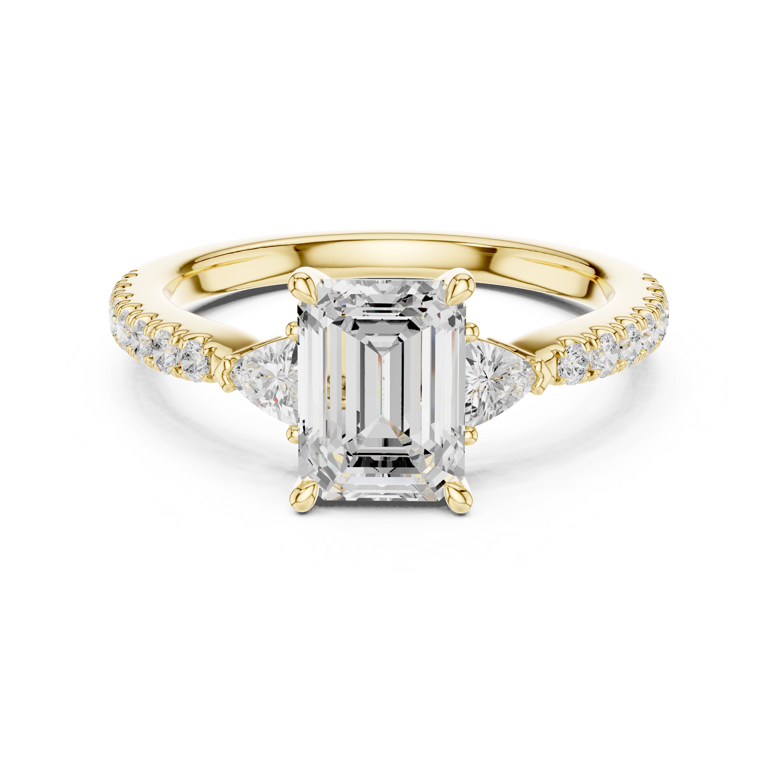 Emerald Cut Diamond Engagement Ring with Pavé Band and Trillion Side Stones