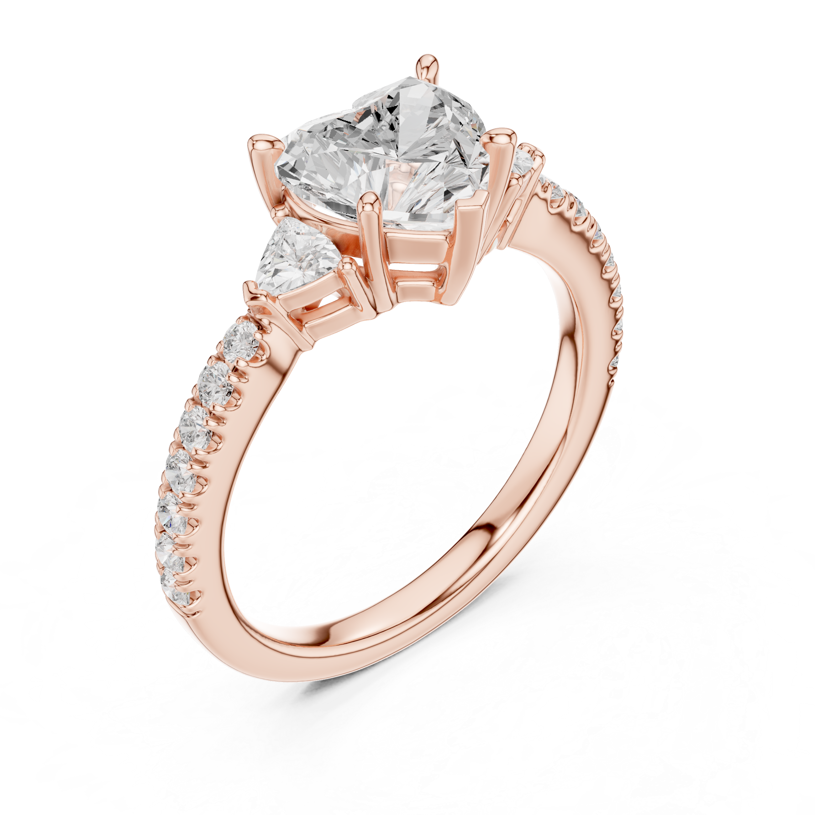 Heart Cut Diamond Engagement Ring with Pavé Band and Trillion Side Stones