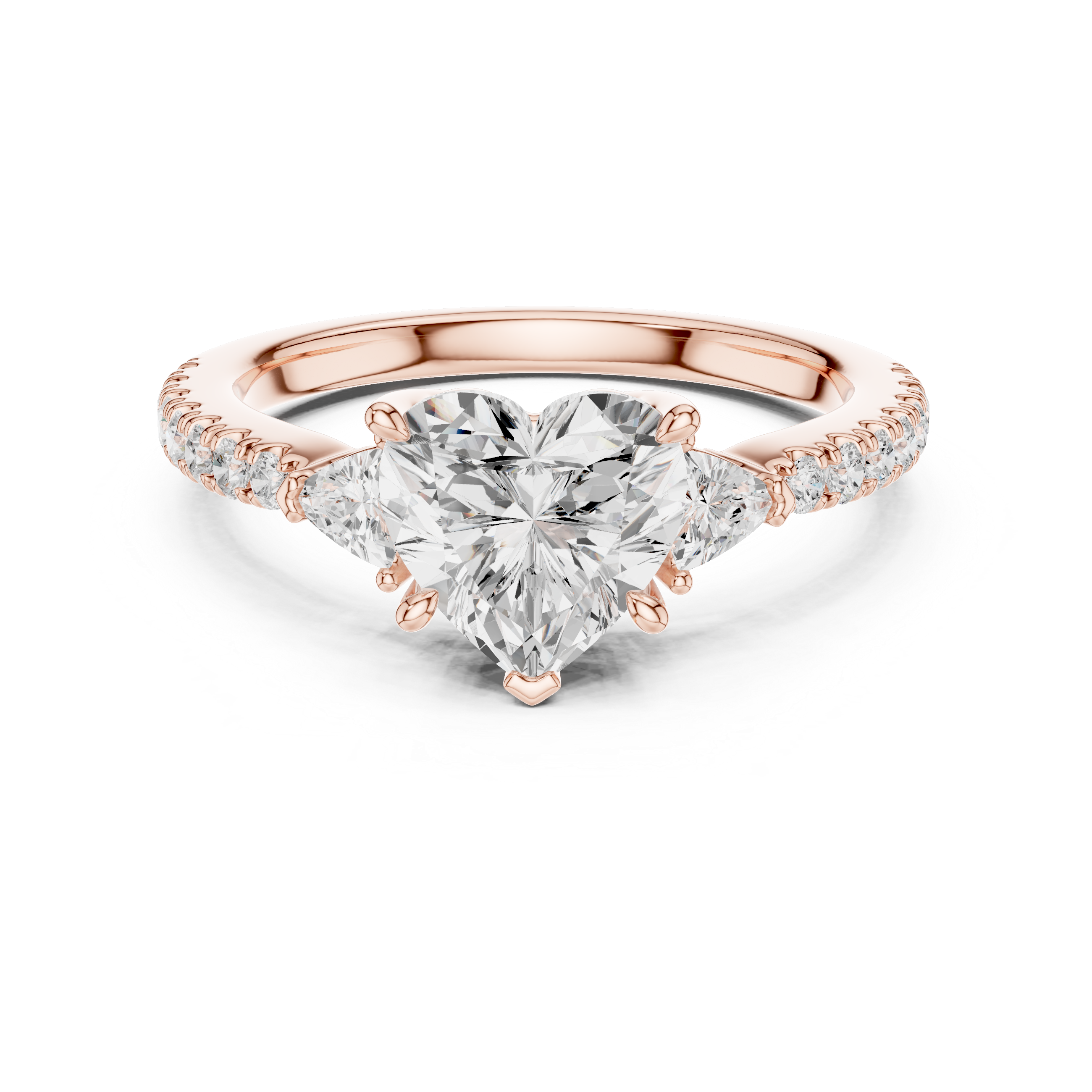 Heart Cut Diamond Engagement Ring with Pavé Band and Trillion Side Stones