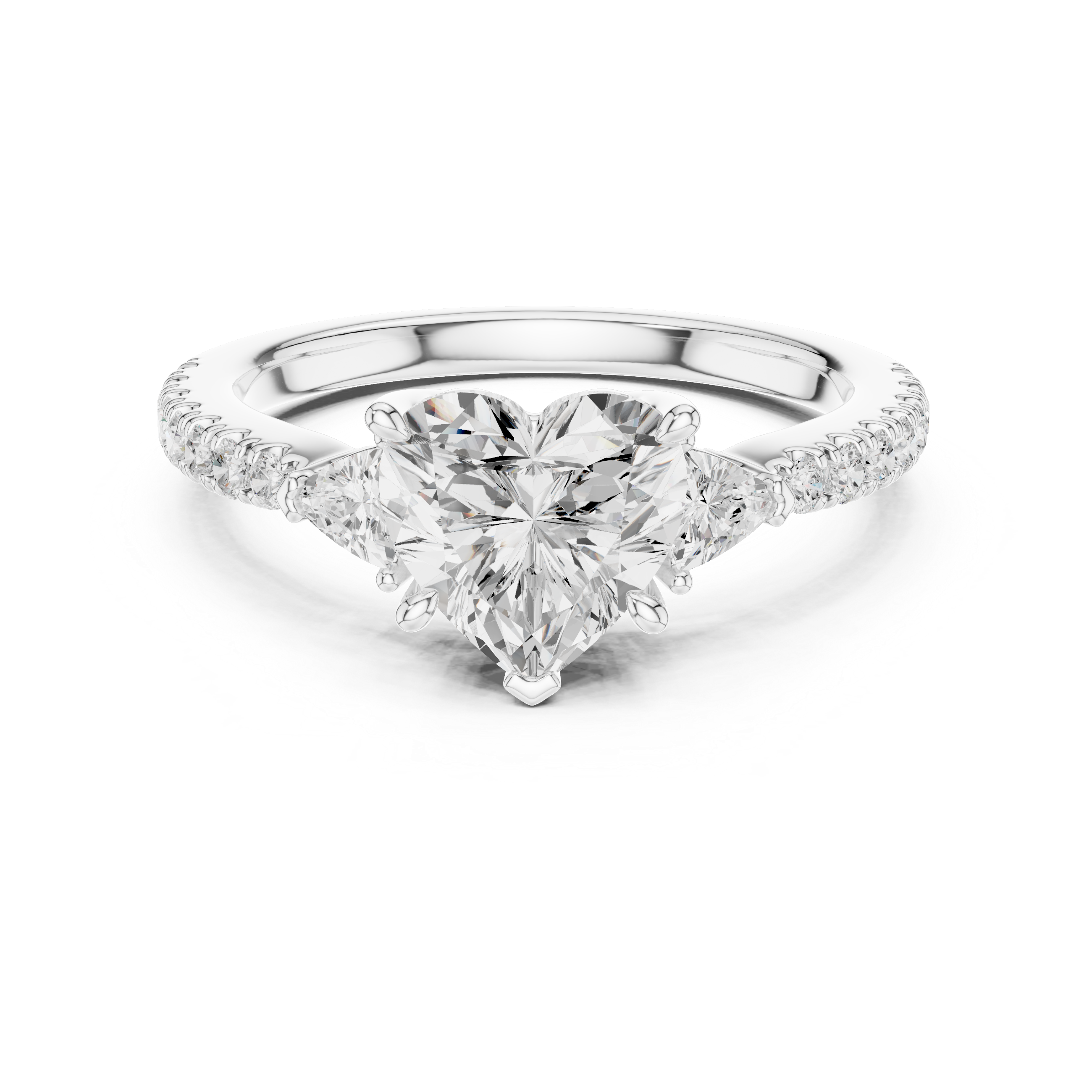 Heart Cut Diamond Engagement Ring with Pavé Band and Trillion Side Stones