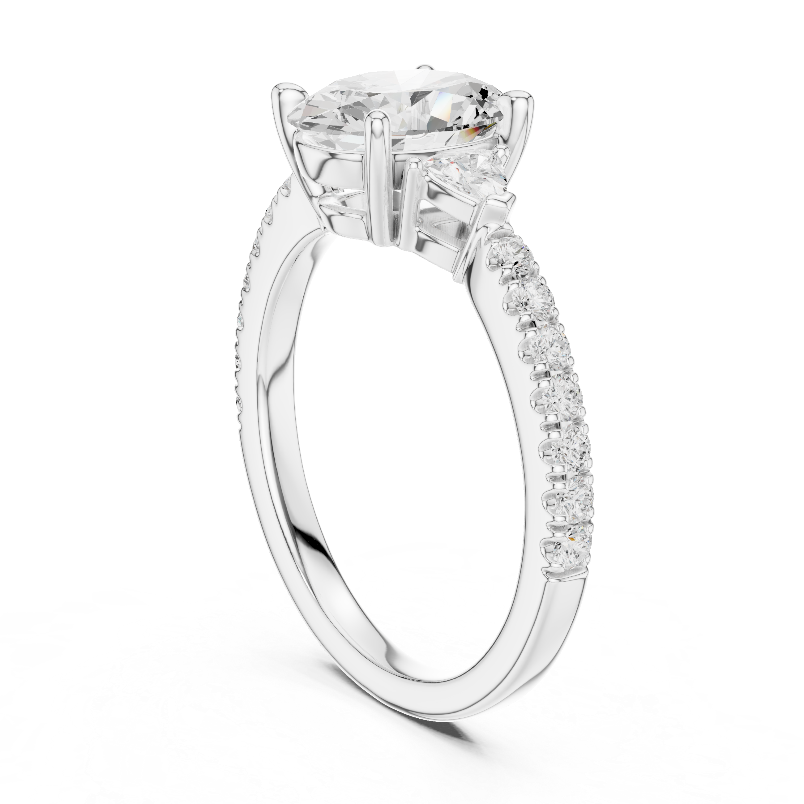Oval Cut Diamond Engagement Ring with Pavé Band and Trillion Accents