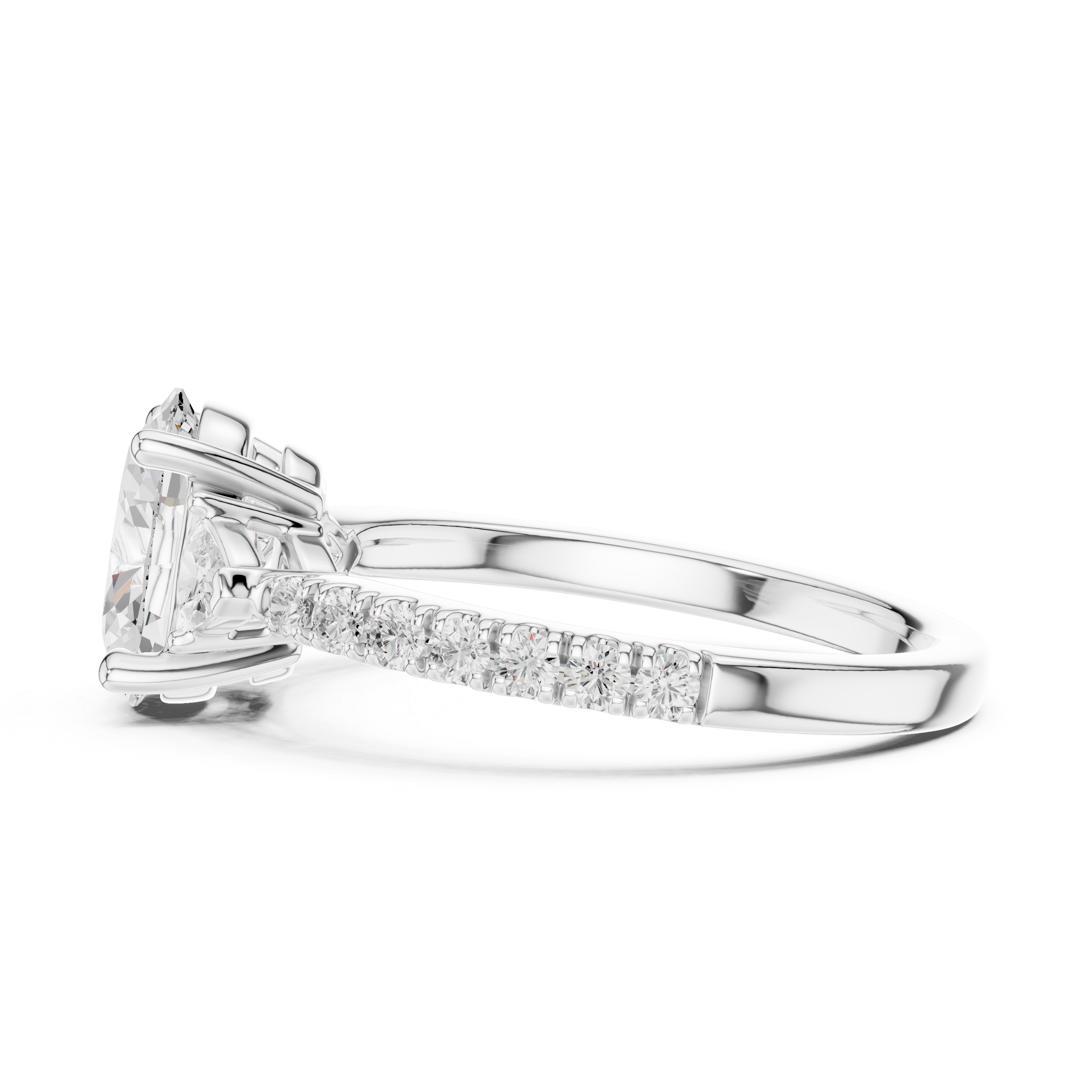 Oval Cut Diamond Engagement Ring with Pavé Band and Trillion Accents