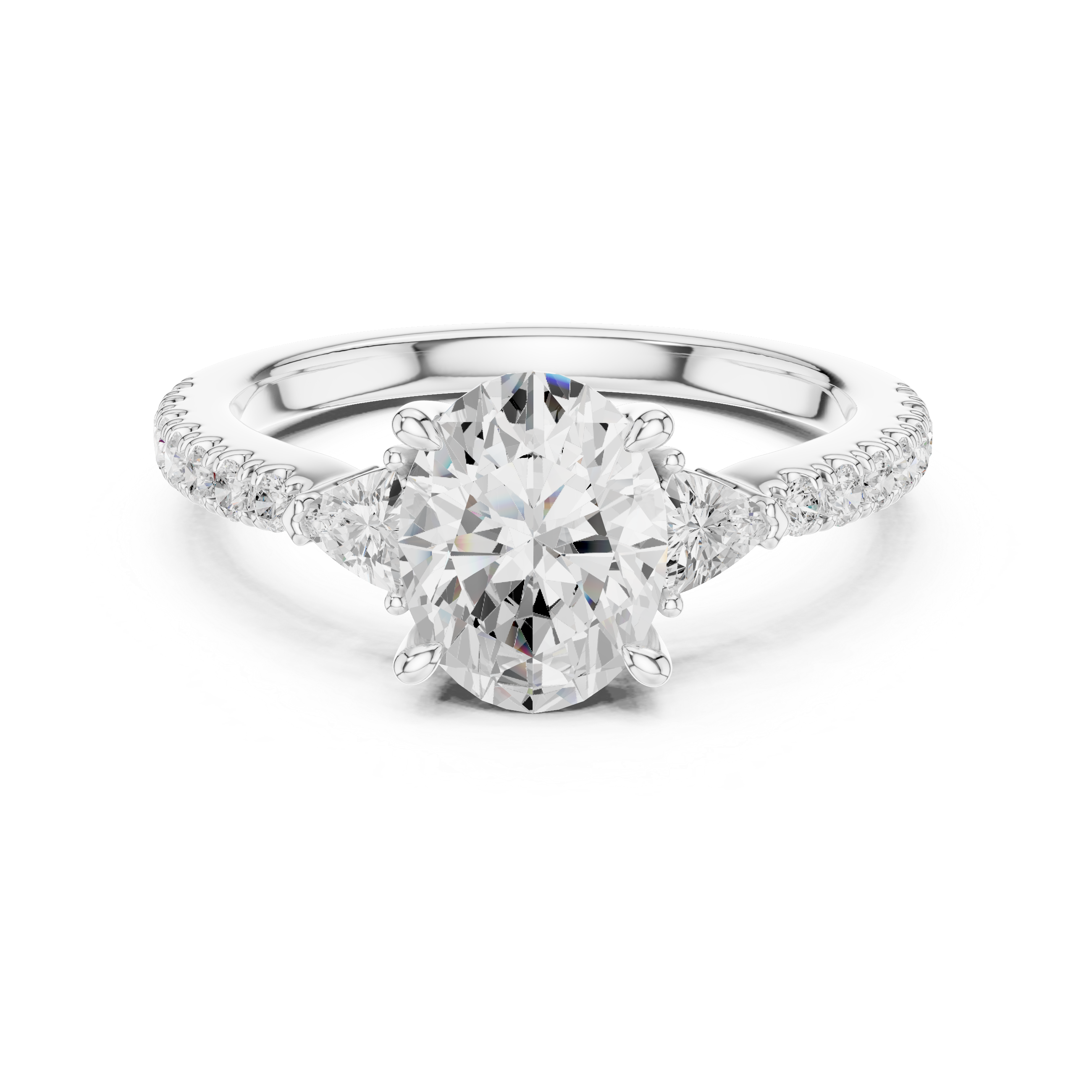 Oval Cut Diamond Engagement Ring with Pavé Band and Trillion Accents