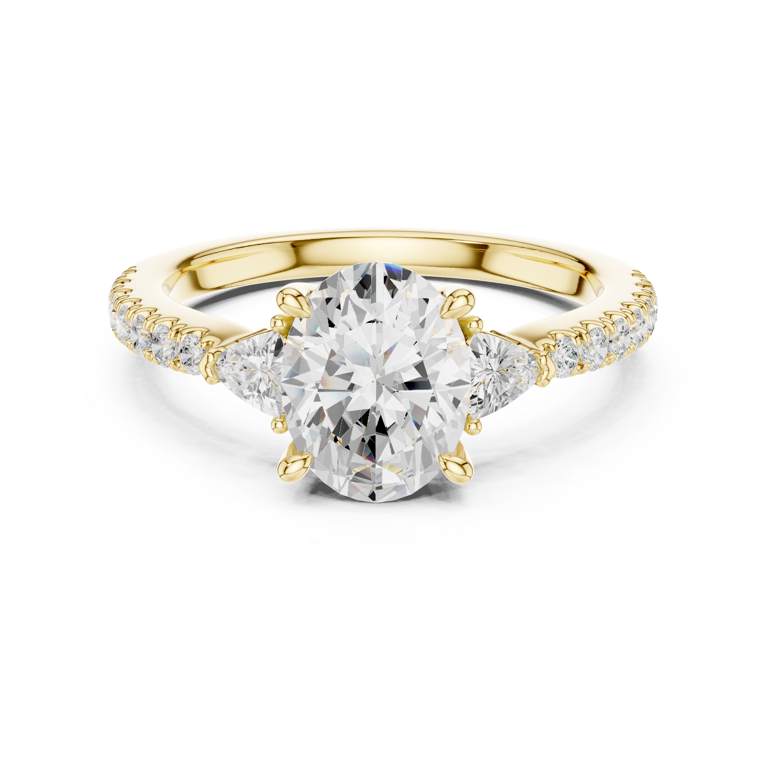 Oval Cut Diamond Engagement Ring with Pavé Band and Trillion Accents