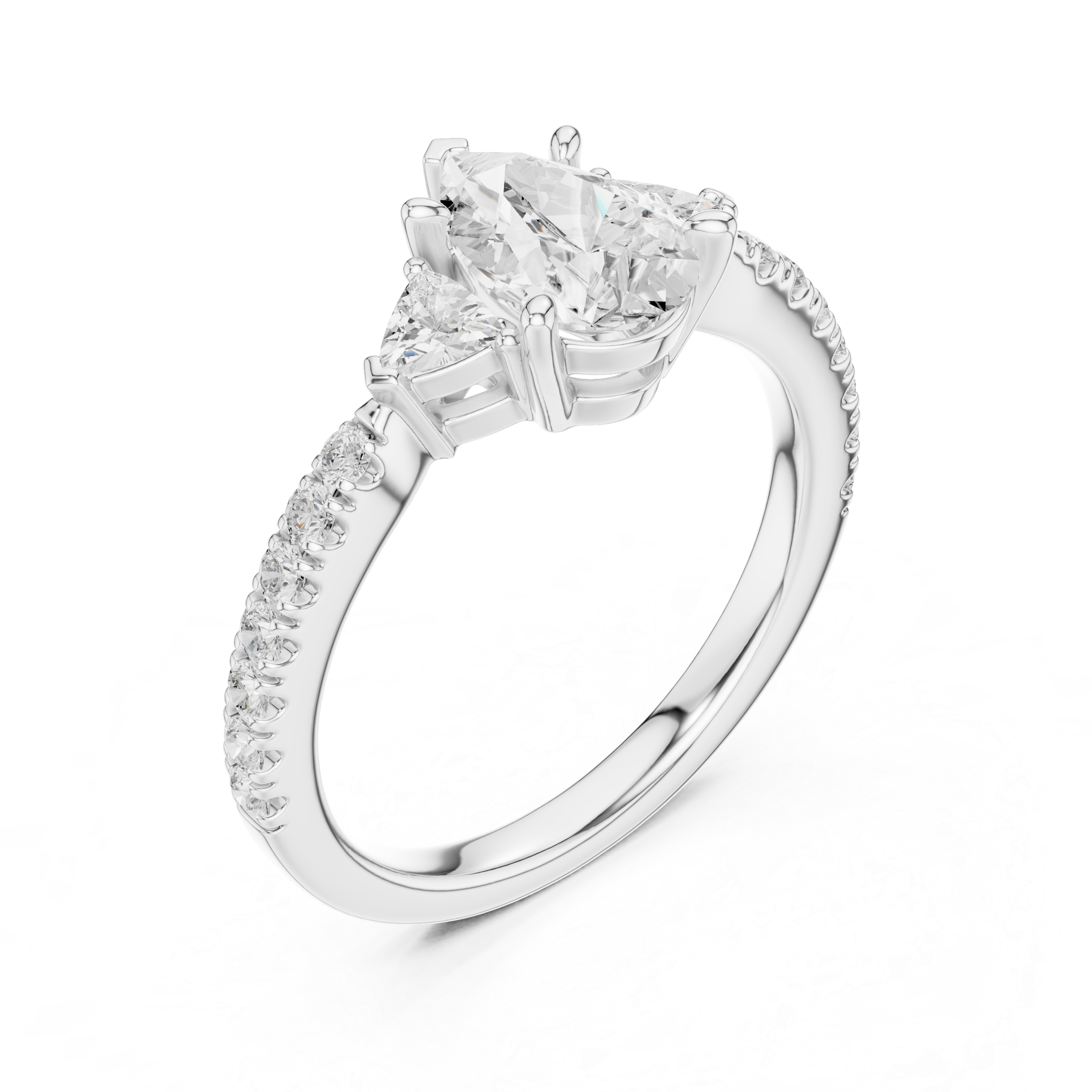 Pear Cut Diamond Engagement Ring with Pavé Band and Trillion Accents