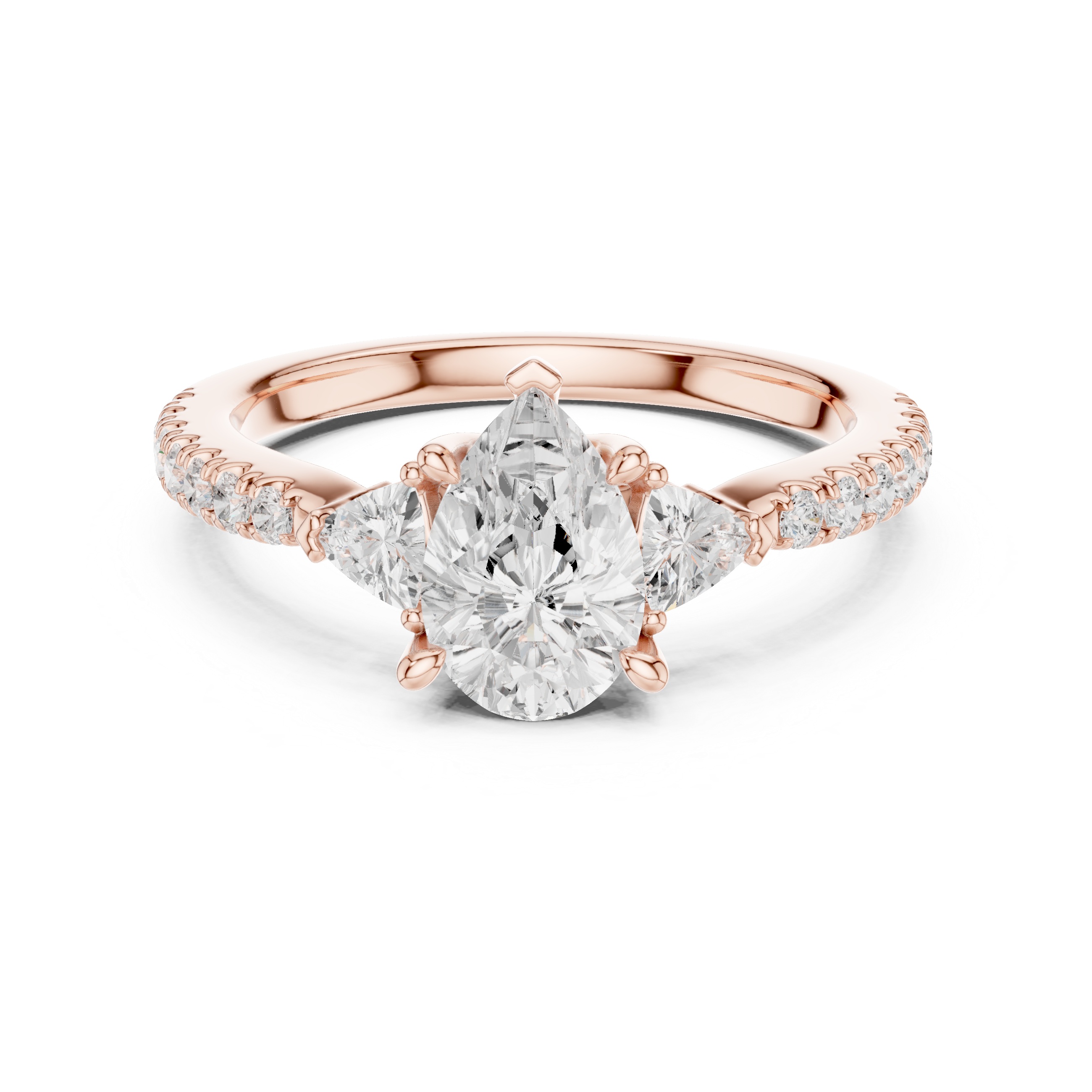 Pear Cut Diamond Engagement Ring with Pavé Band and Trillion Accents