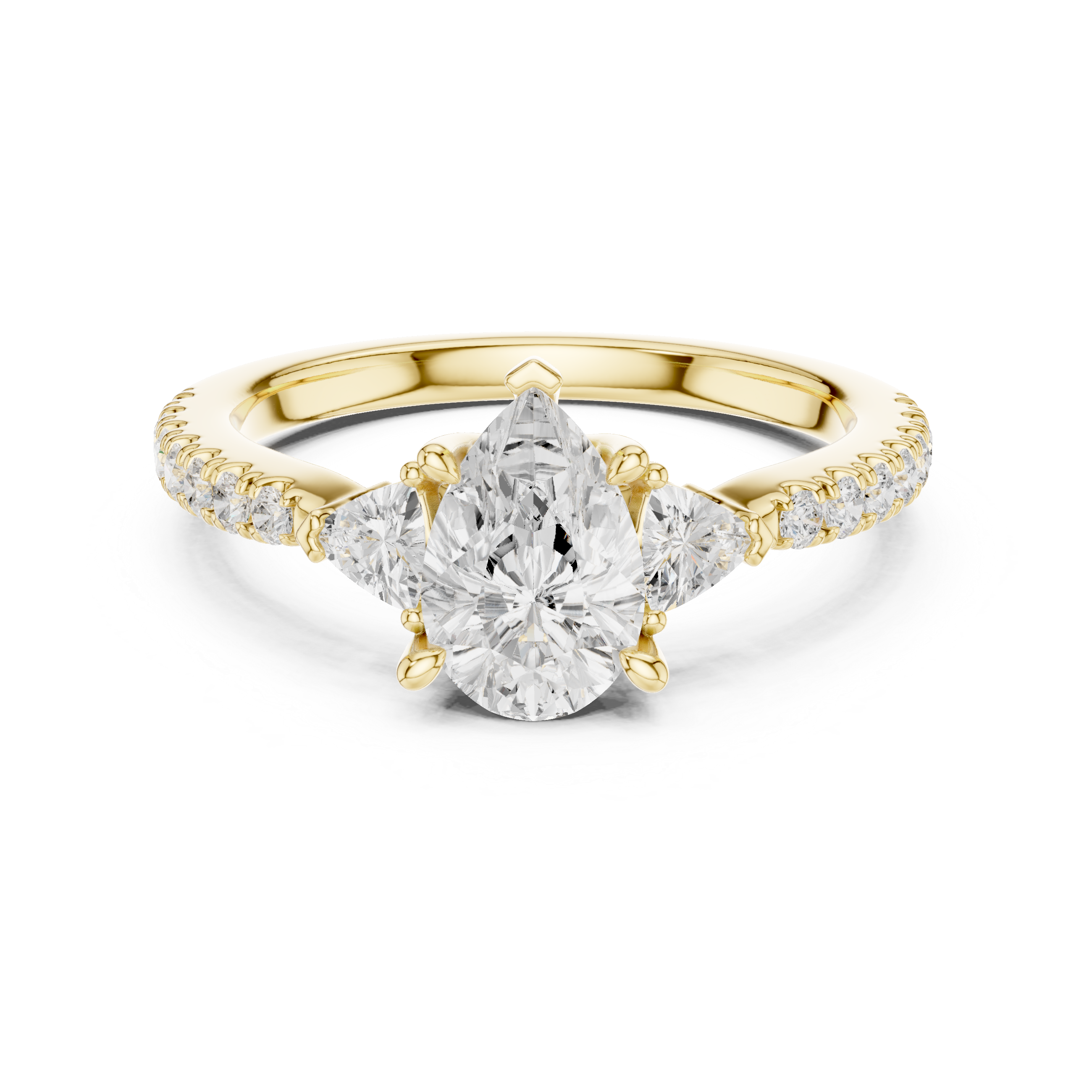 Pear Cut Diamond Engagement Ring with Pavé Band and Trillion Accents