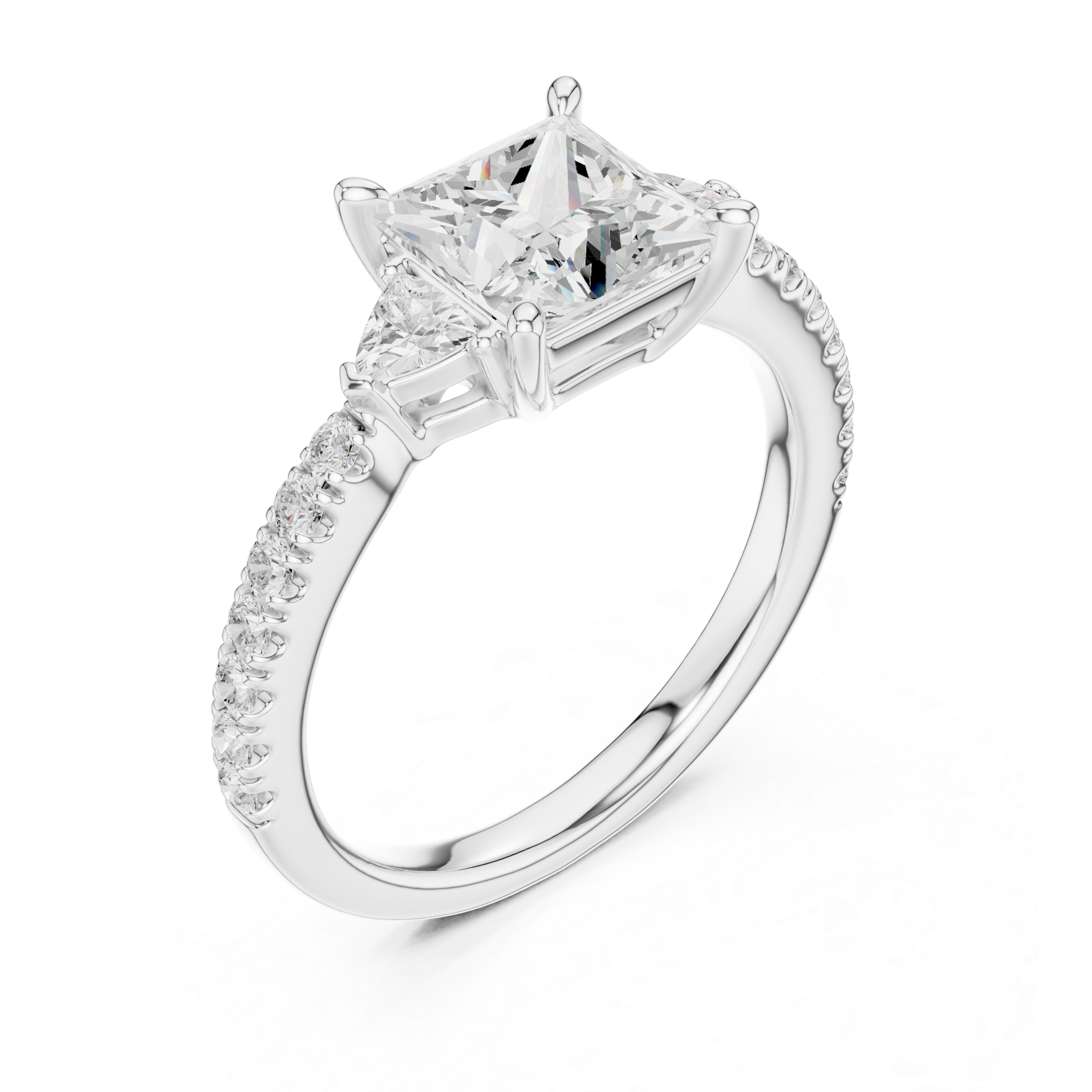 Princess Cut Three-Stone Diamond Ring with Pavé Band