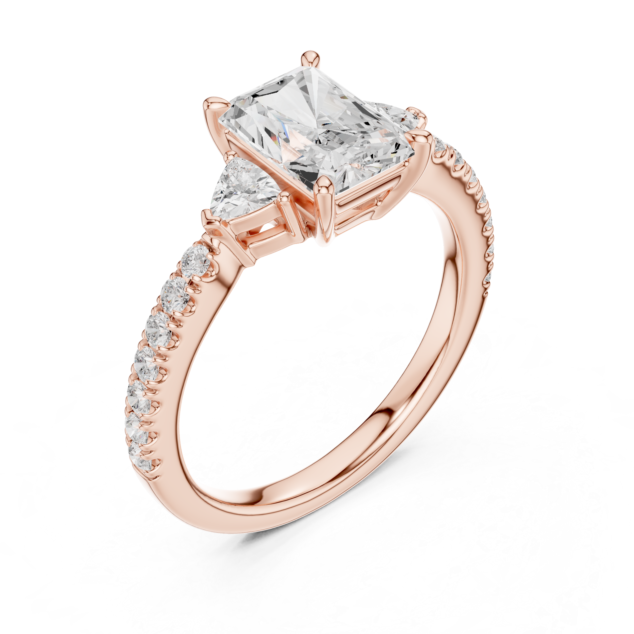 Radiant Cut Three-Stone Diamond Ring with Pavé Band