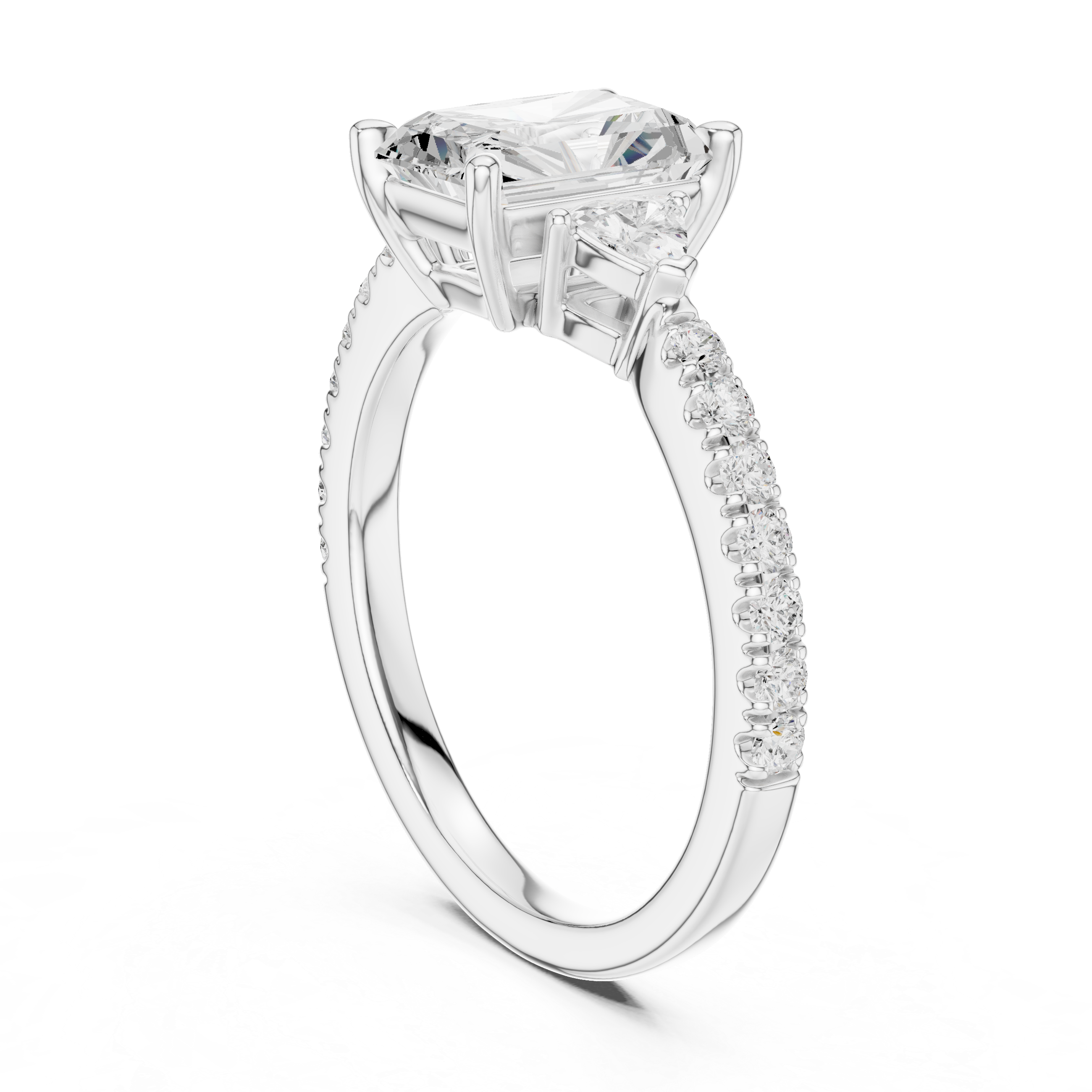 Radiant Cut Three-Stone Diamond Ring with Pavé Band