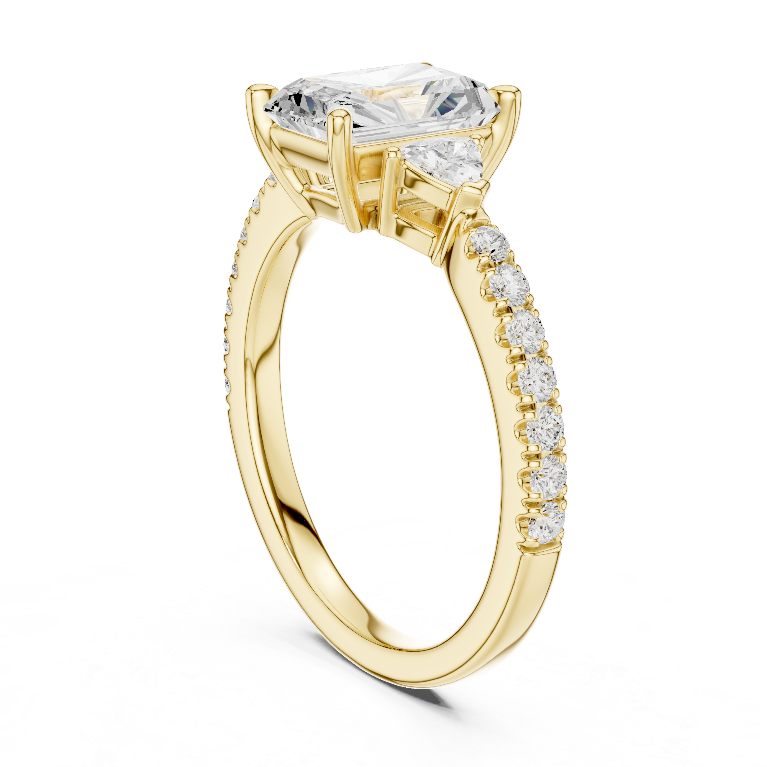 Radiant Cut Three-Stone Diamond Ring with Pavé Band