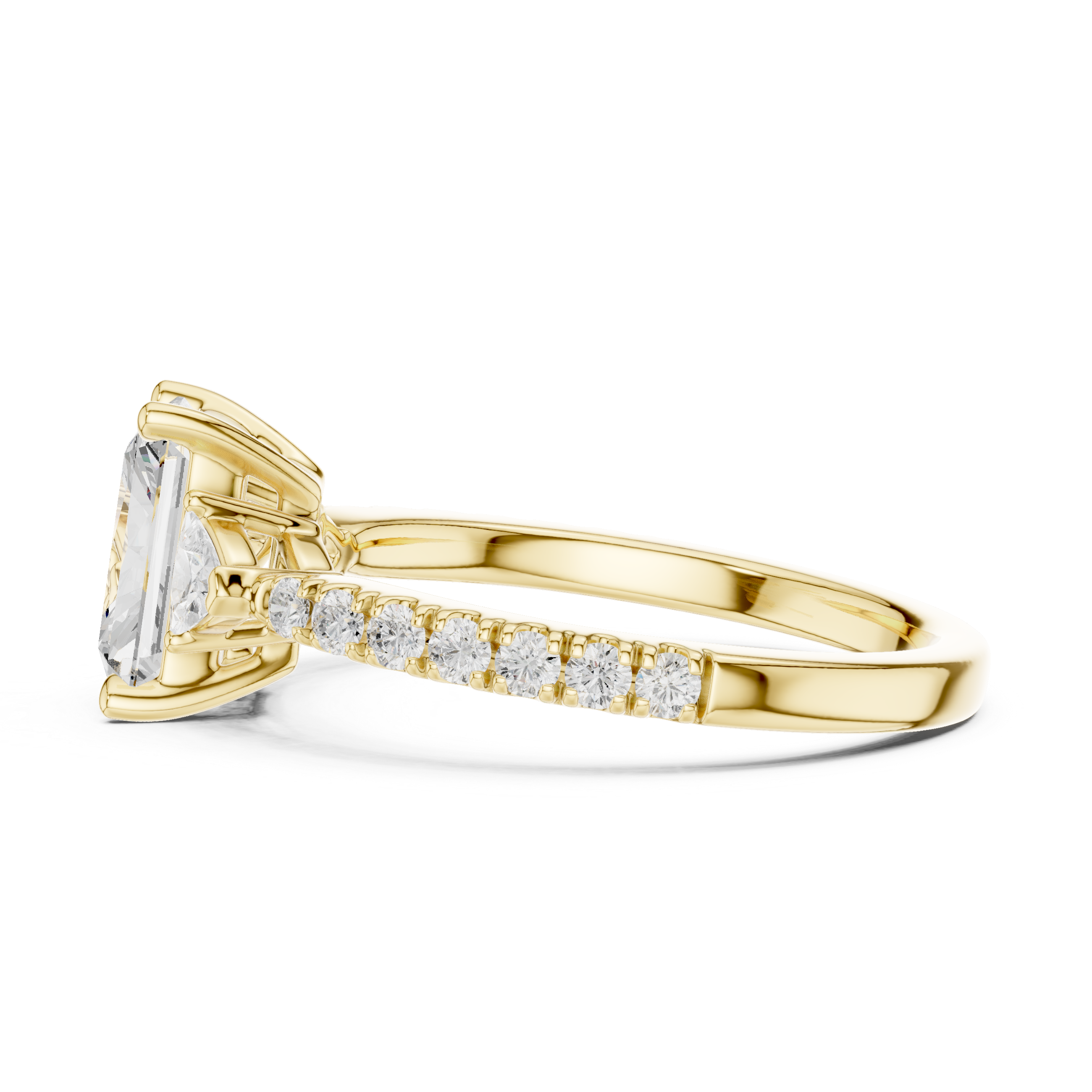 Radiant Cut Three-Stone Diamond Ring with Pavé Band