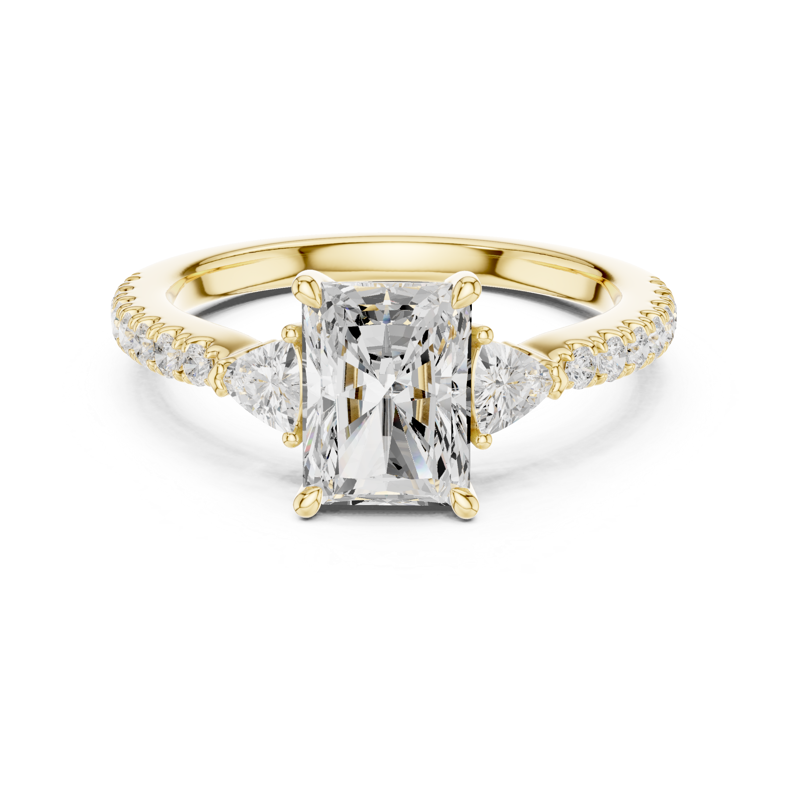 Radiant Cut Three-Stone Diamond Ring with Pavé Band