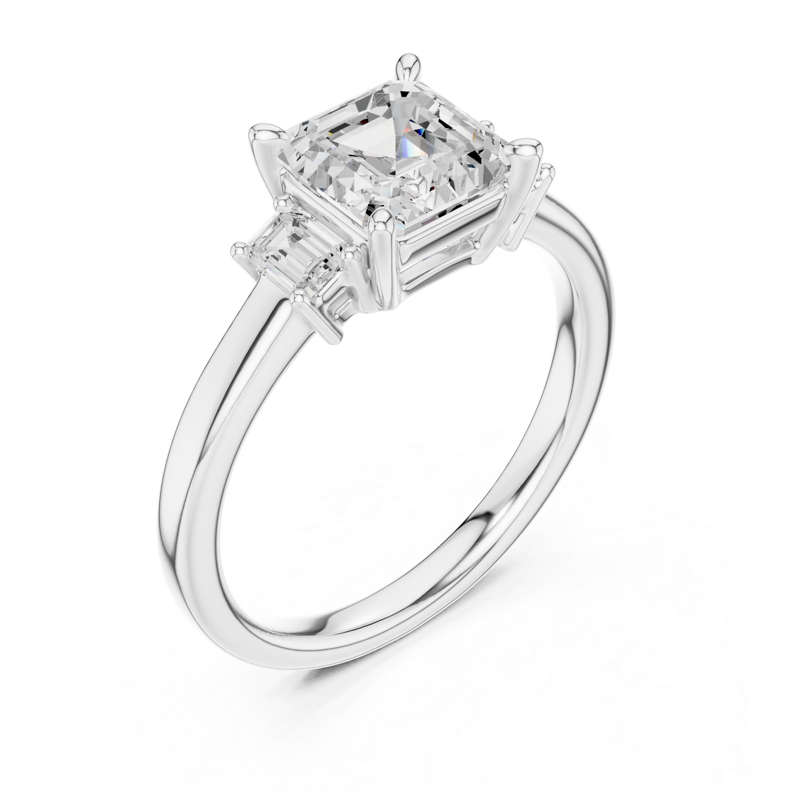 Asscher Cut Diamond Three-Stone Engagement Ring with Emerald Side Stones