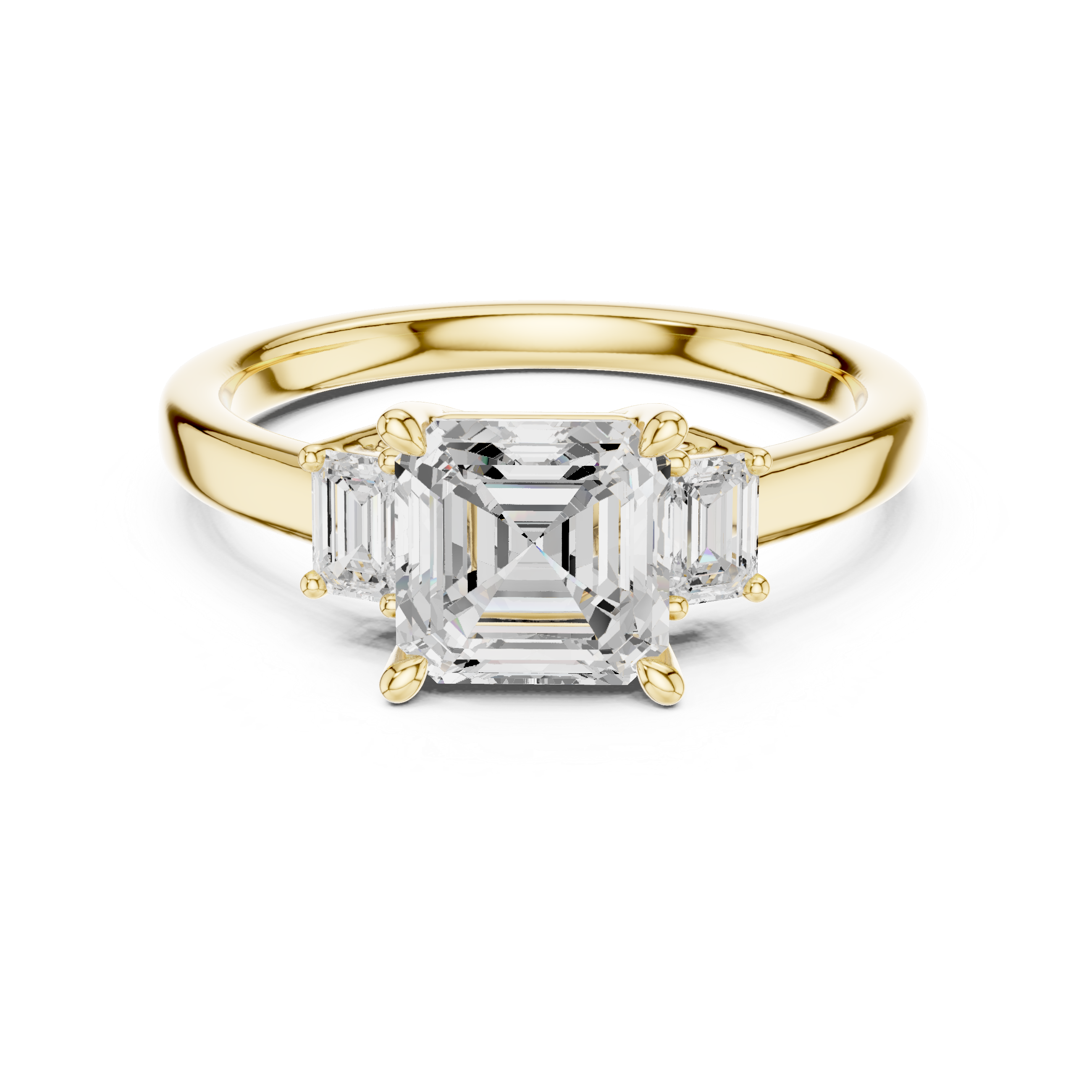 Asscher Cut Diamond Three-Stone Engagement Ring with Emerald Side Stones