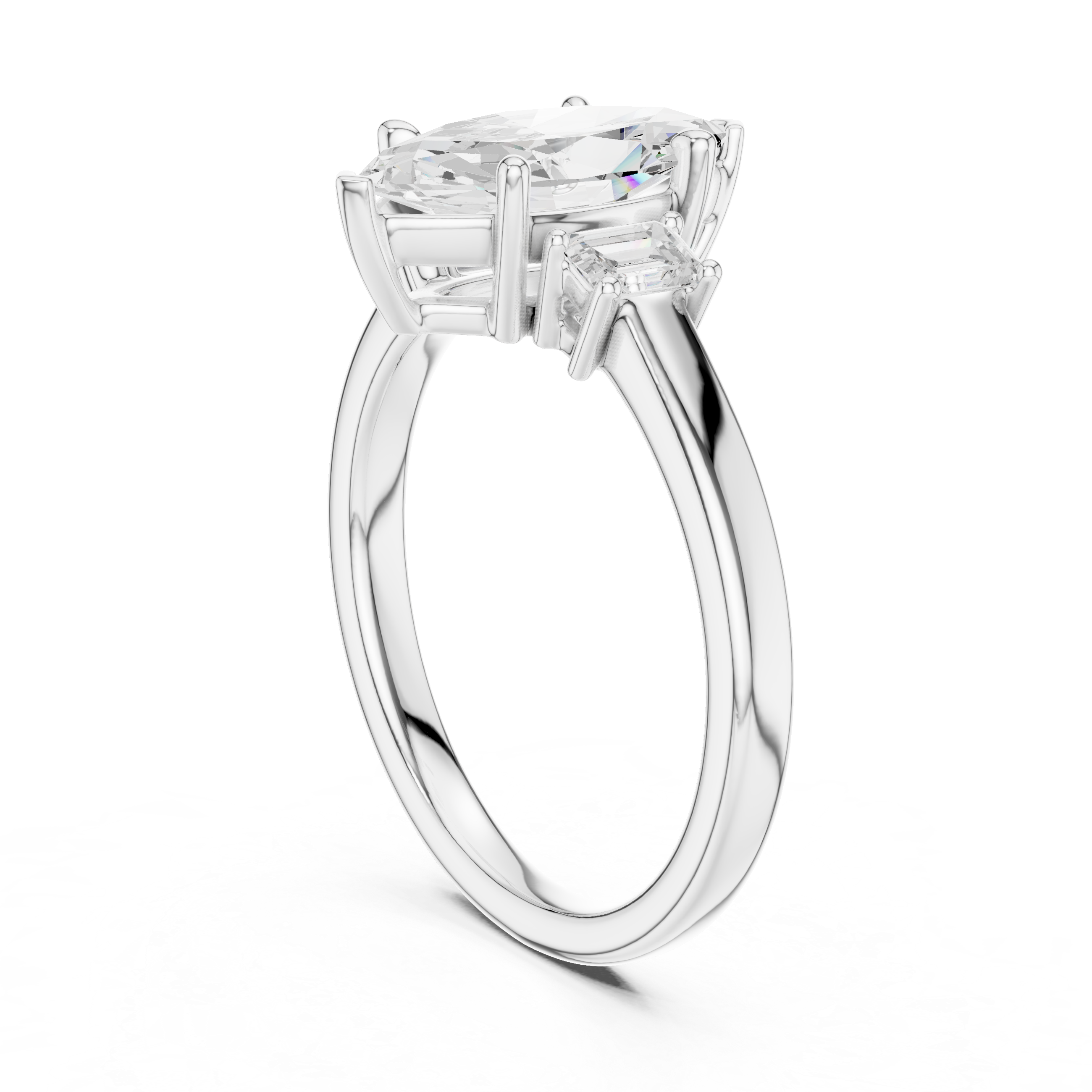 Marquise Cut Diamond Three-Stone Engagement Ring with Emerald Side Stones