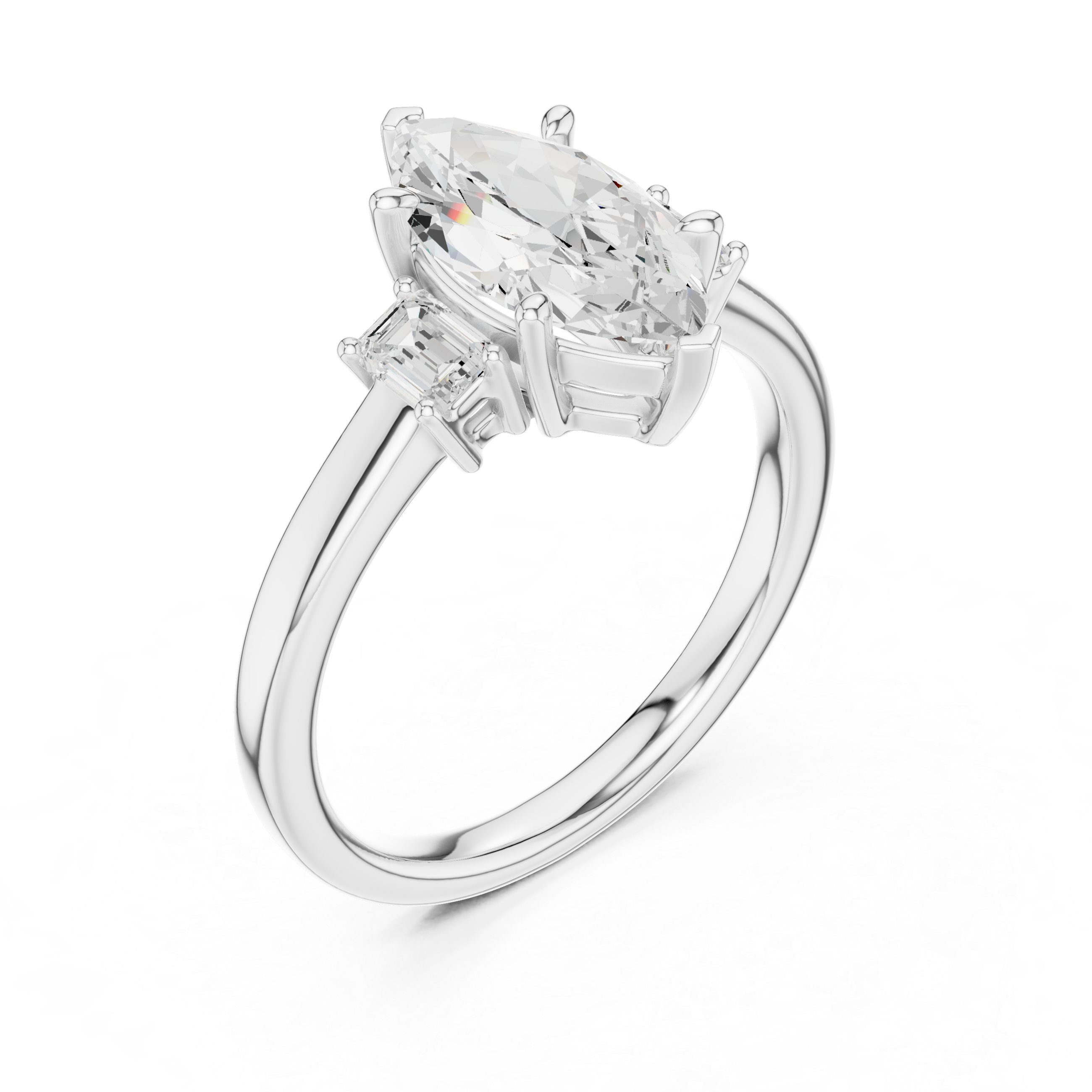 Marquise Cut Diamond Three-Stone Engagement Ring with Emerald Side Stones
