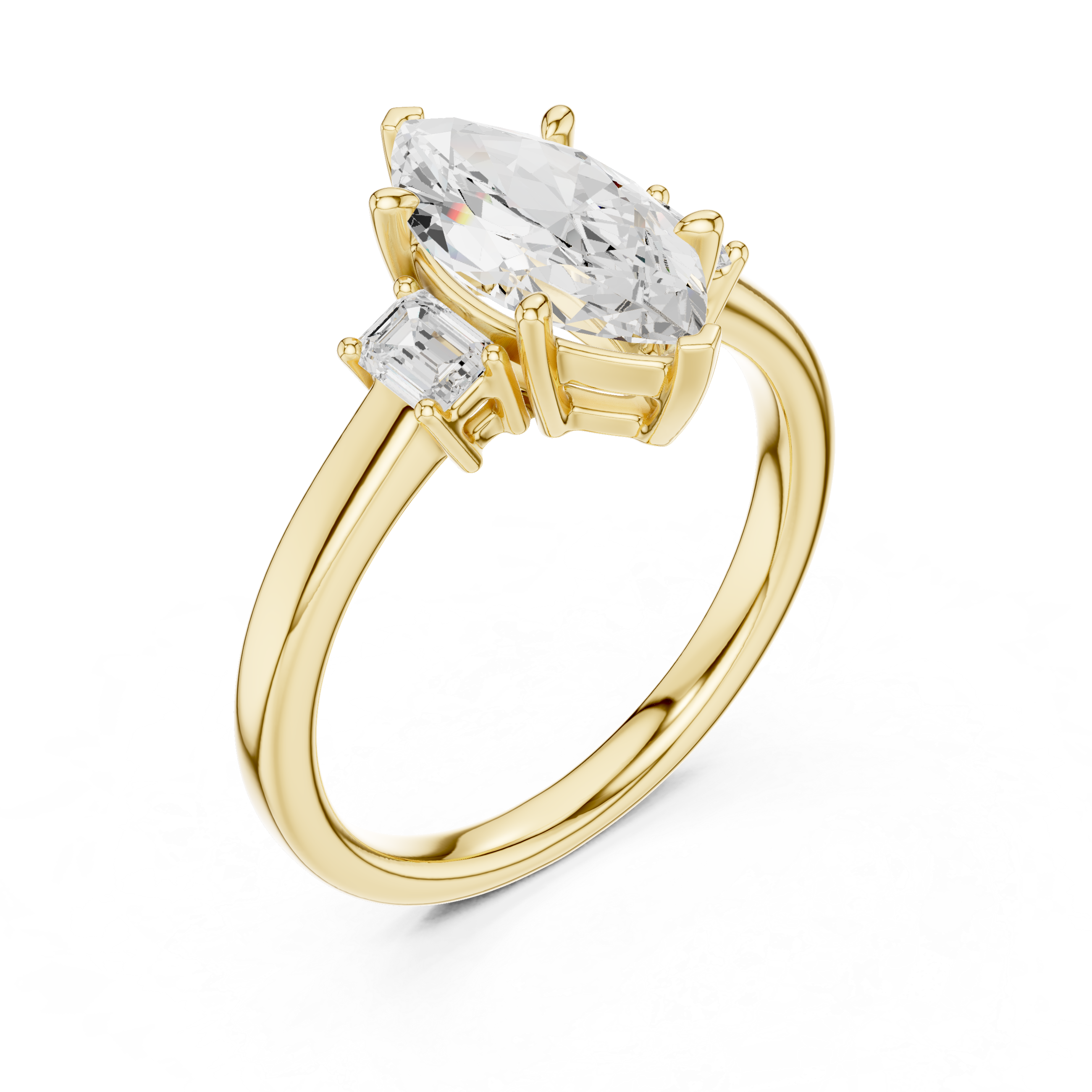 Marquise Cut Diamond Three-Stone Engagement Ring with Emerald Side Stones
