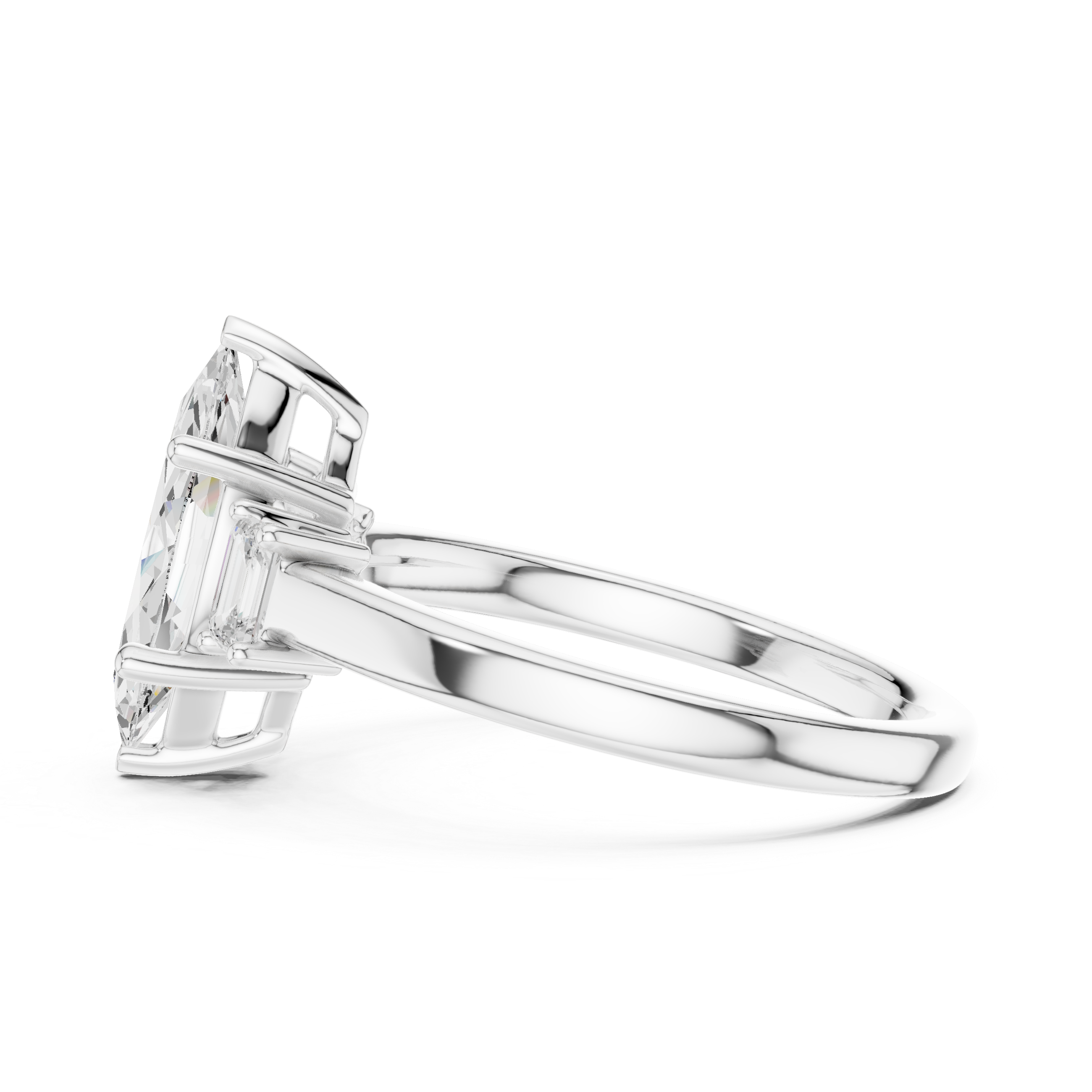Marquise Cut Diamond Three-Stone Engagement Ring with Emerald Side Stones