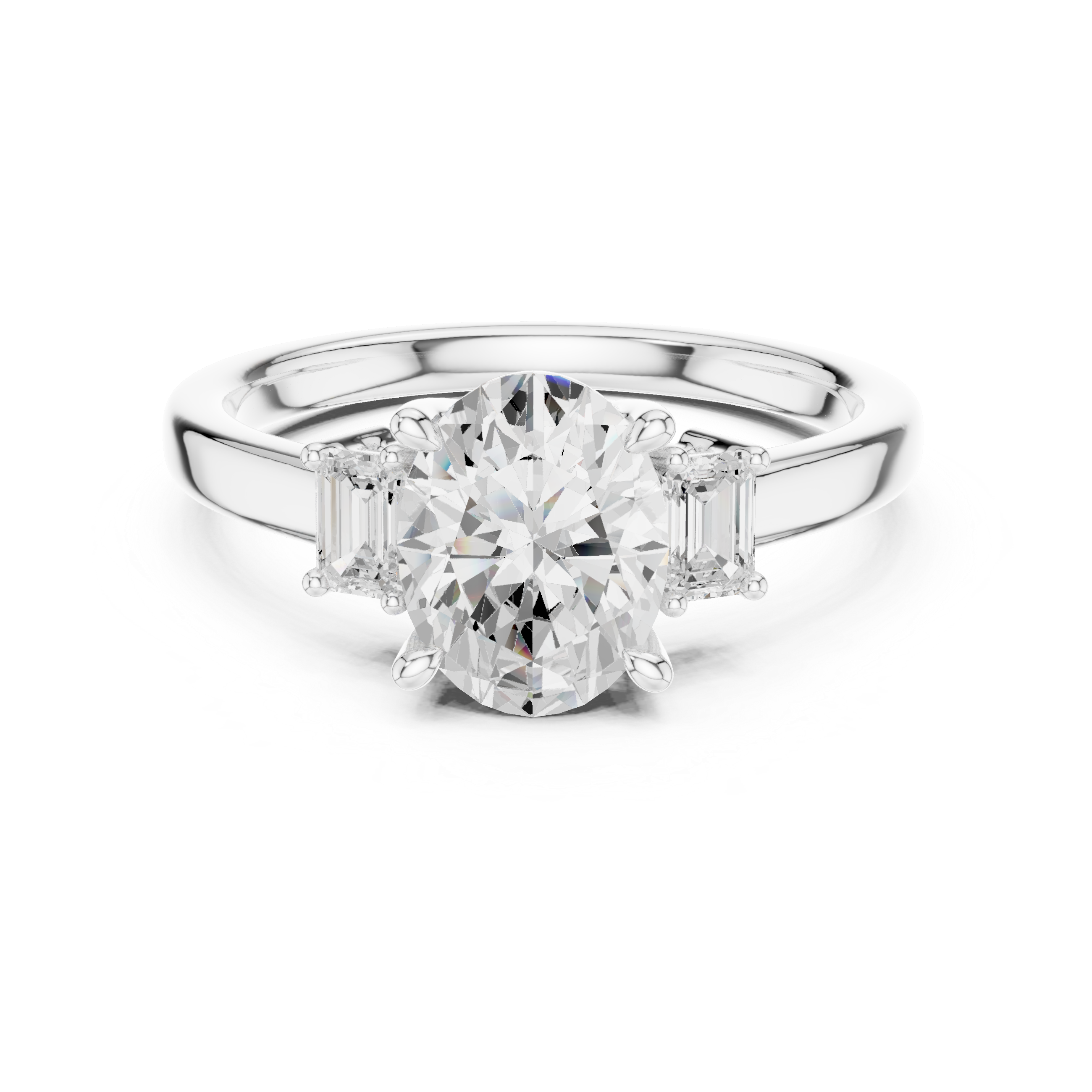 Oval Cut Diamond Three-Stone Engagement Ring with Emerald Side Stones